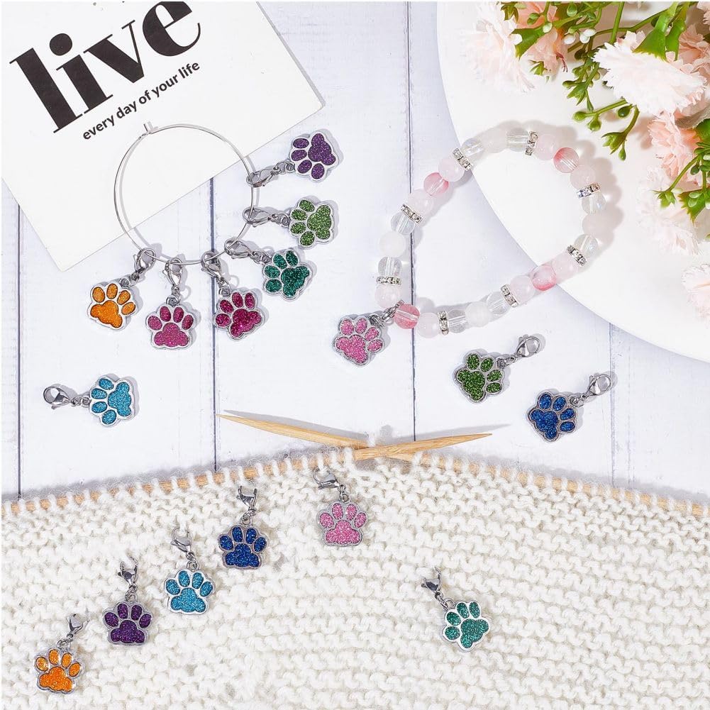 SUNNYCLUE 1 Box 16Pcs Knitting Stitch Markers Cute Pet Paw Dog Cat Paws Enamel Charms Lobster Clasp Charms Removable Locking Crochet Pendants for Sewing Weaving DIY Zipper Pull Decoration