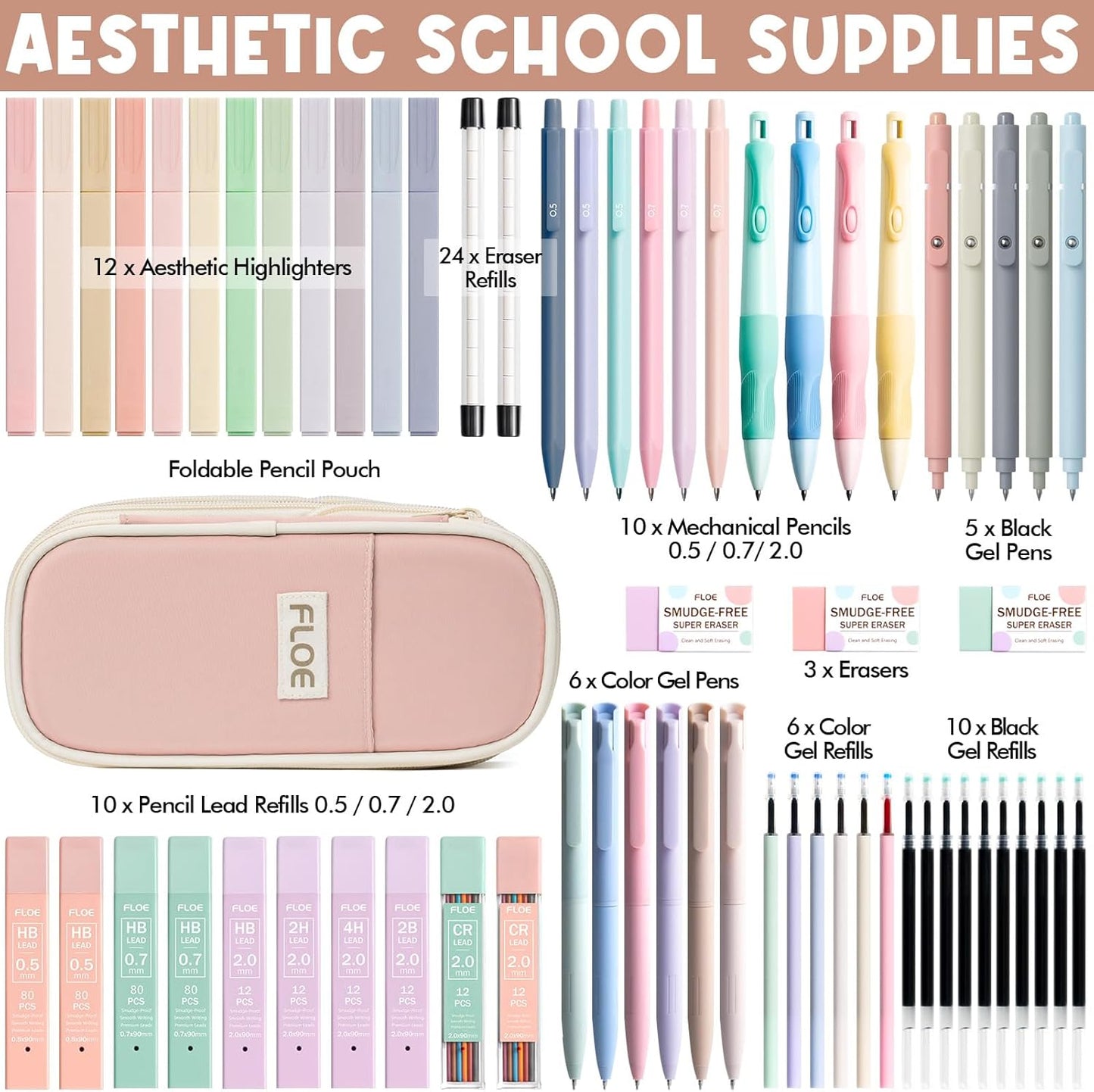 65PCS Aesthetic School Supplies with Cute Pencil Case, Pastel Highlighters Gel Pens Mechanical Pencils Set 0.5 0.7 & 2.0mm, Office Back to School Supplies College Essentials Kit Student Stationary Set