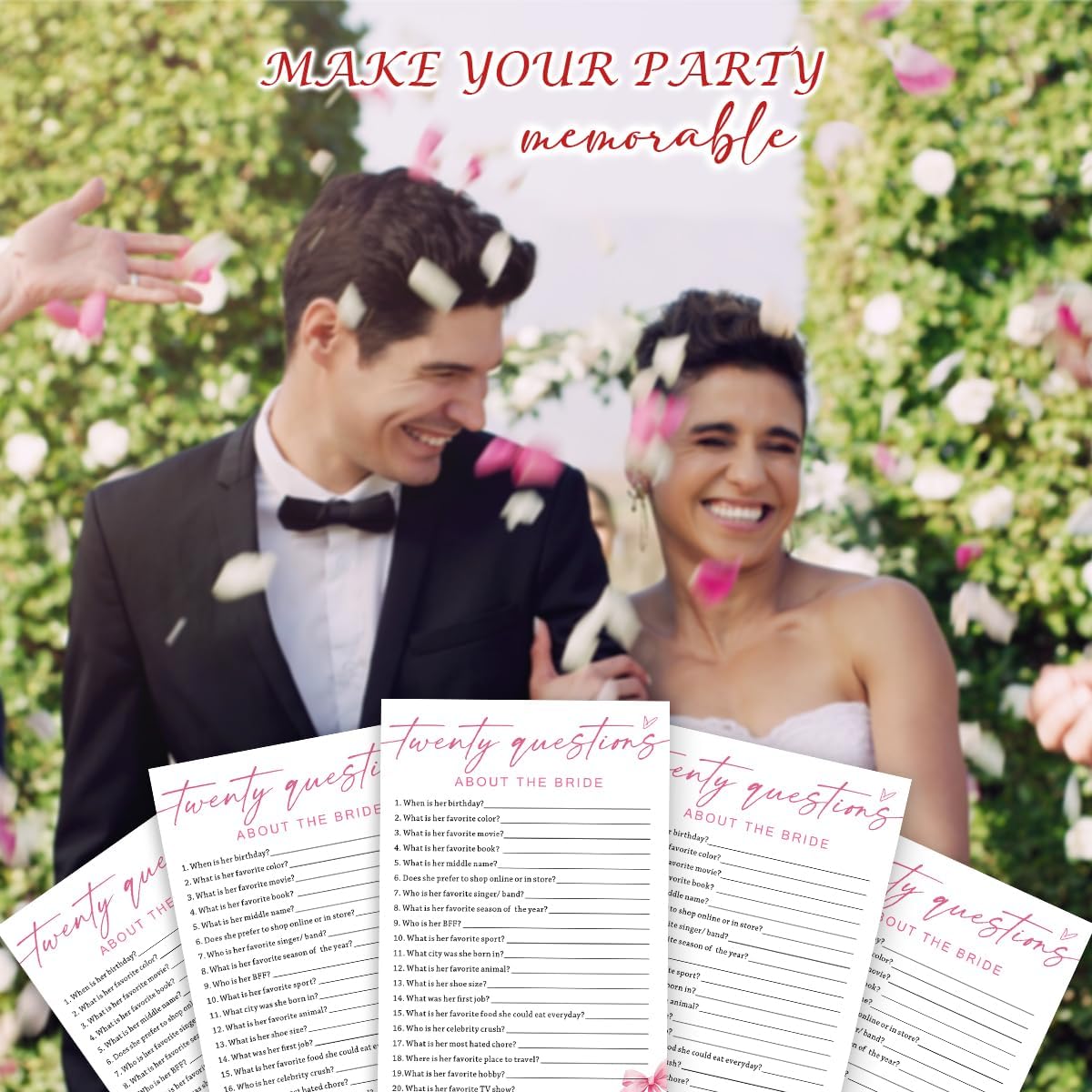 Wedding Shower Games Cards, Twenty Questions About The Bride, Bridal Shower Games 25 Guests, Engagement Party Wedding Games for Guests, Pink Ribbon Bow Wedding Party Supplies - E05
