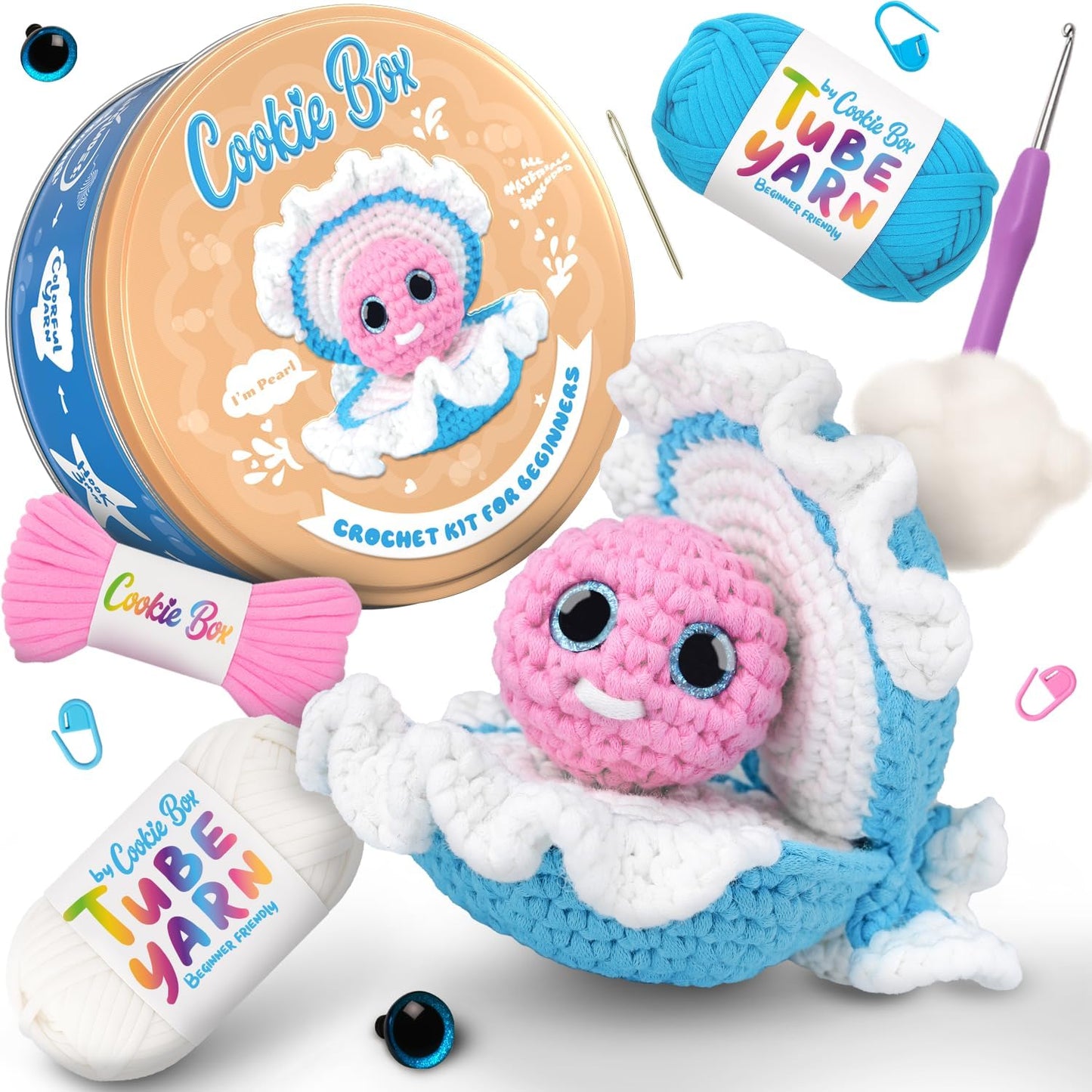 Cookie Box Crochet Kit for Beginners – Gift Set to Make Oyster Pear Amigurumi Plushie – Easy DIY Crochet & Knitting Starter Kit with Video and PDF Tutorials