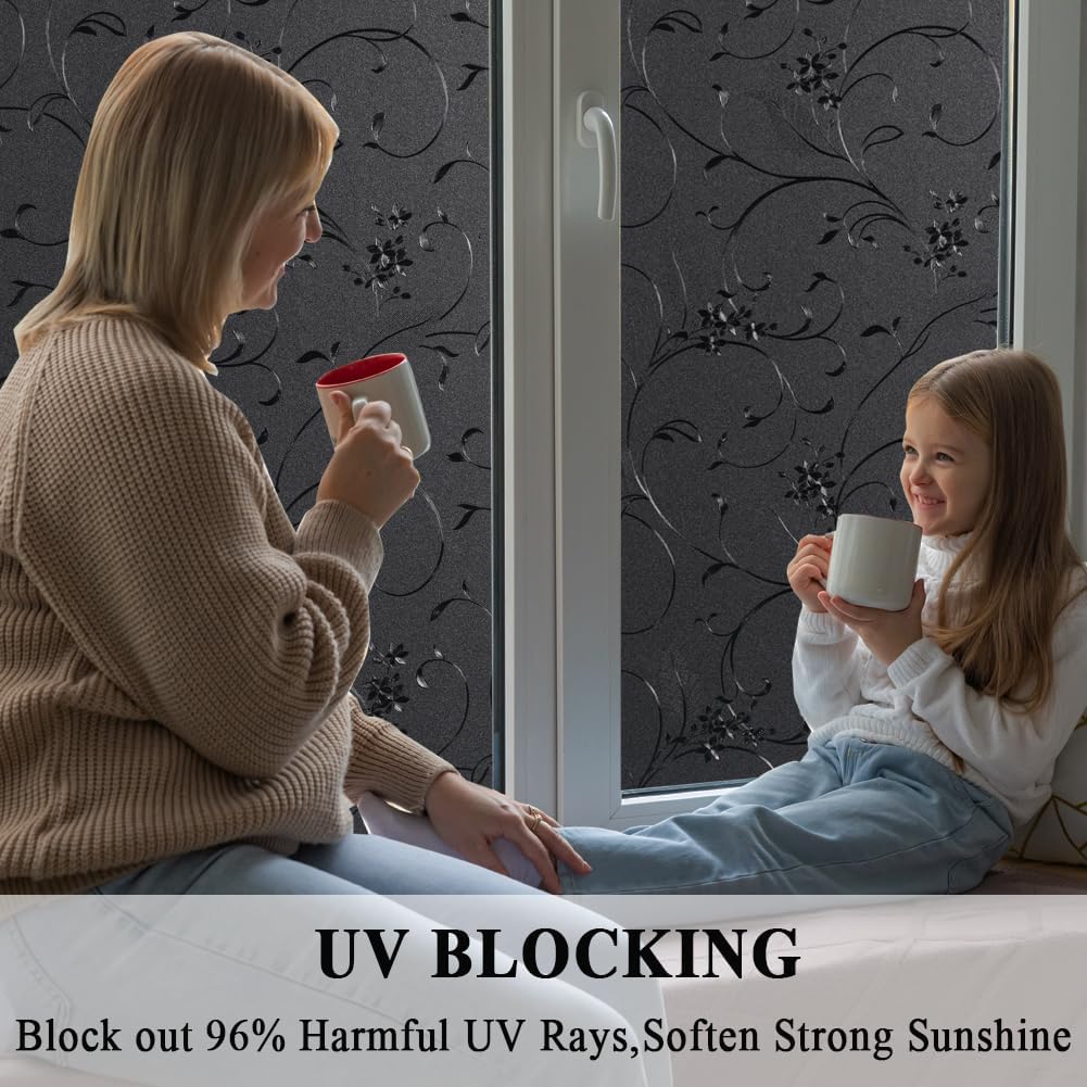 Mikomer Total Blackout Window Film,100% Light Blocking Privacy Glass Door Film Etched Flowers,Room Darkening Window Cling,No Glue/Heat Control/Anti UV for Day Sleep & High Privacy,23.6In. by 118In.