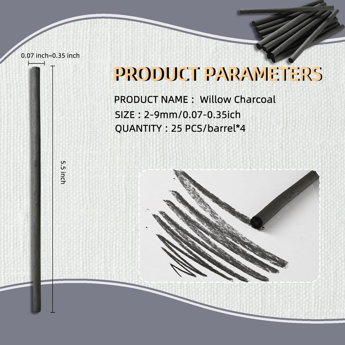 100 PCS Willow Charcoal Sticks, Ideal for Artists, Beginners, Students, Perfect for Sketching, Drawing, Shading, and Fine Art, 5.7 Inches Long, 2-4*25,4-5*25,5-7*25,7-9*25 (2-4,4-5,5-7,7-9)