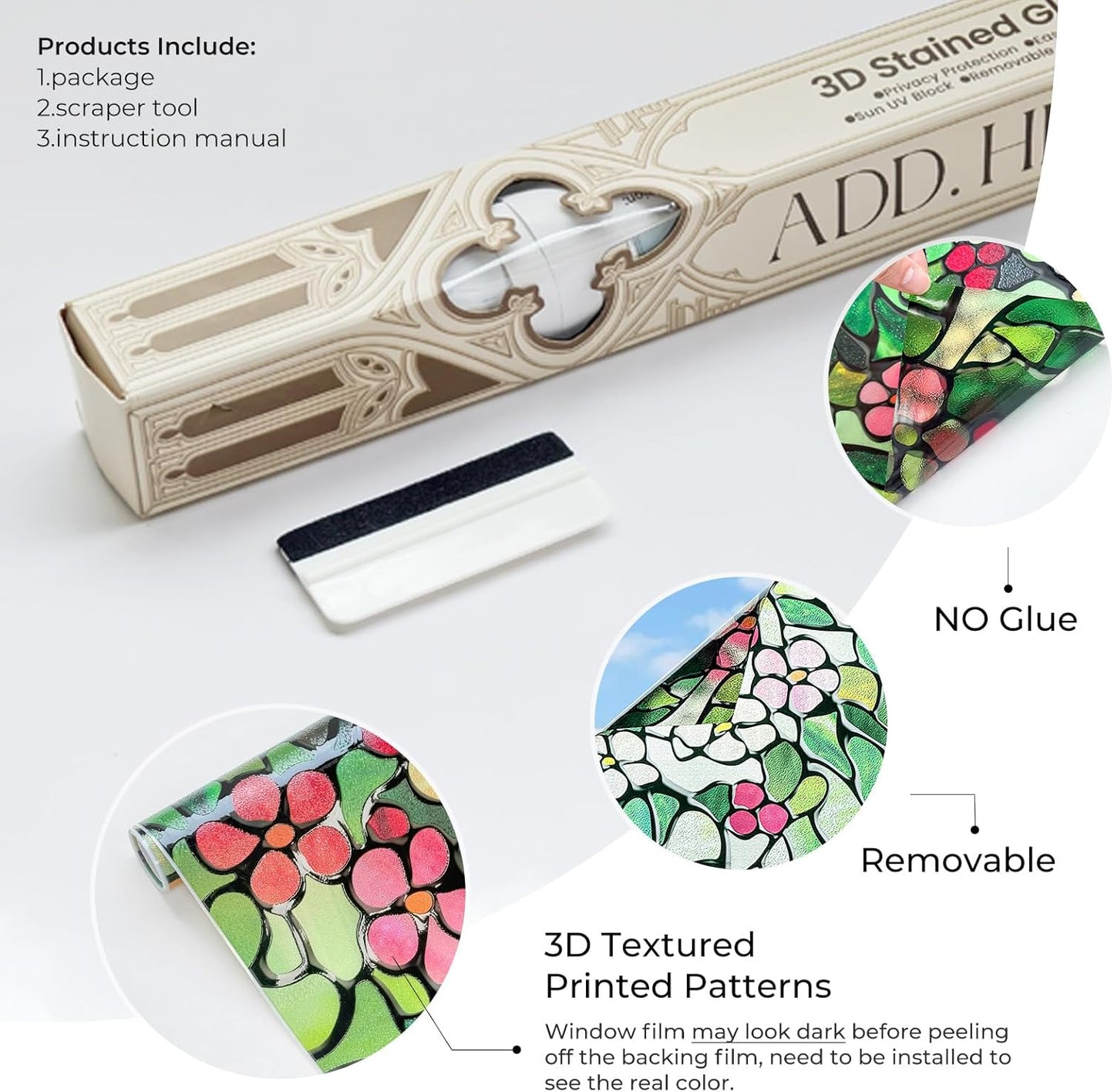 3D Stained Glass Window Film, Decorative Window Privacy Film for Bathroom,Front Door,Home, Sun Blocking Heat Control,Static Cling,23.6inch x 35.4inch Blossomray