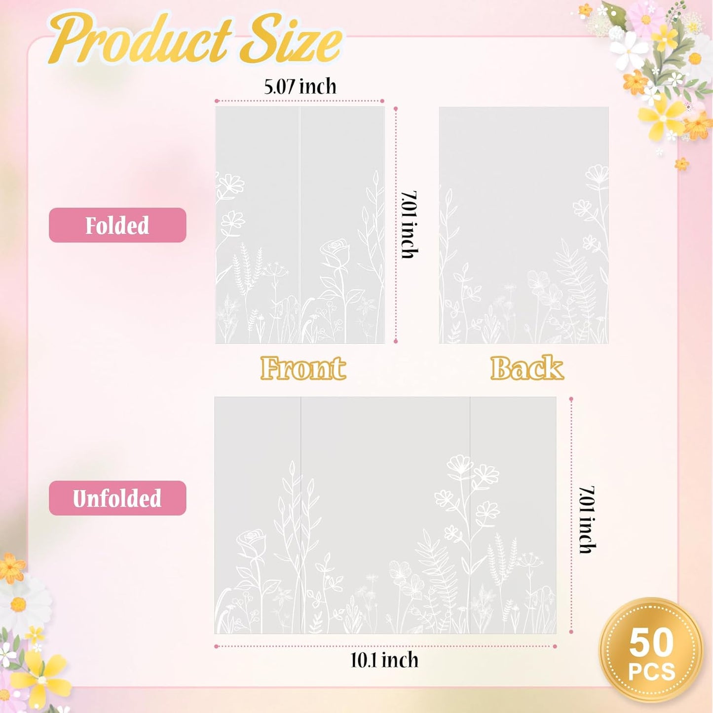 HAUTOCO 100 Pack Vellum Jackets for 5x7 Invitations, Pre-Folded Translucent 135GSM Vellum Paper Wraps, White Flower Envelope Liners Wedding Invitations Accessories