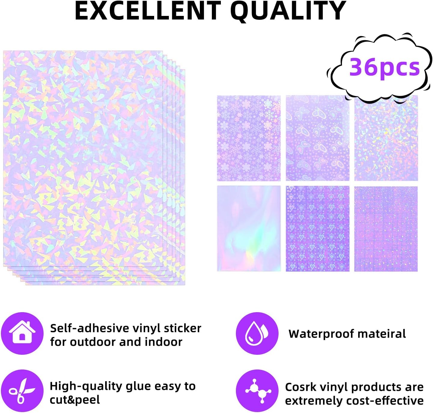 36 Sheets Holographic Sticker Paper, Clear Vinyl Sticker Laminate Film Self-Adhesive, Transparent Overlay Lamination Sticker Paper Waterproof, 6 Patterns-8.5x11 Inch