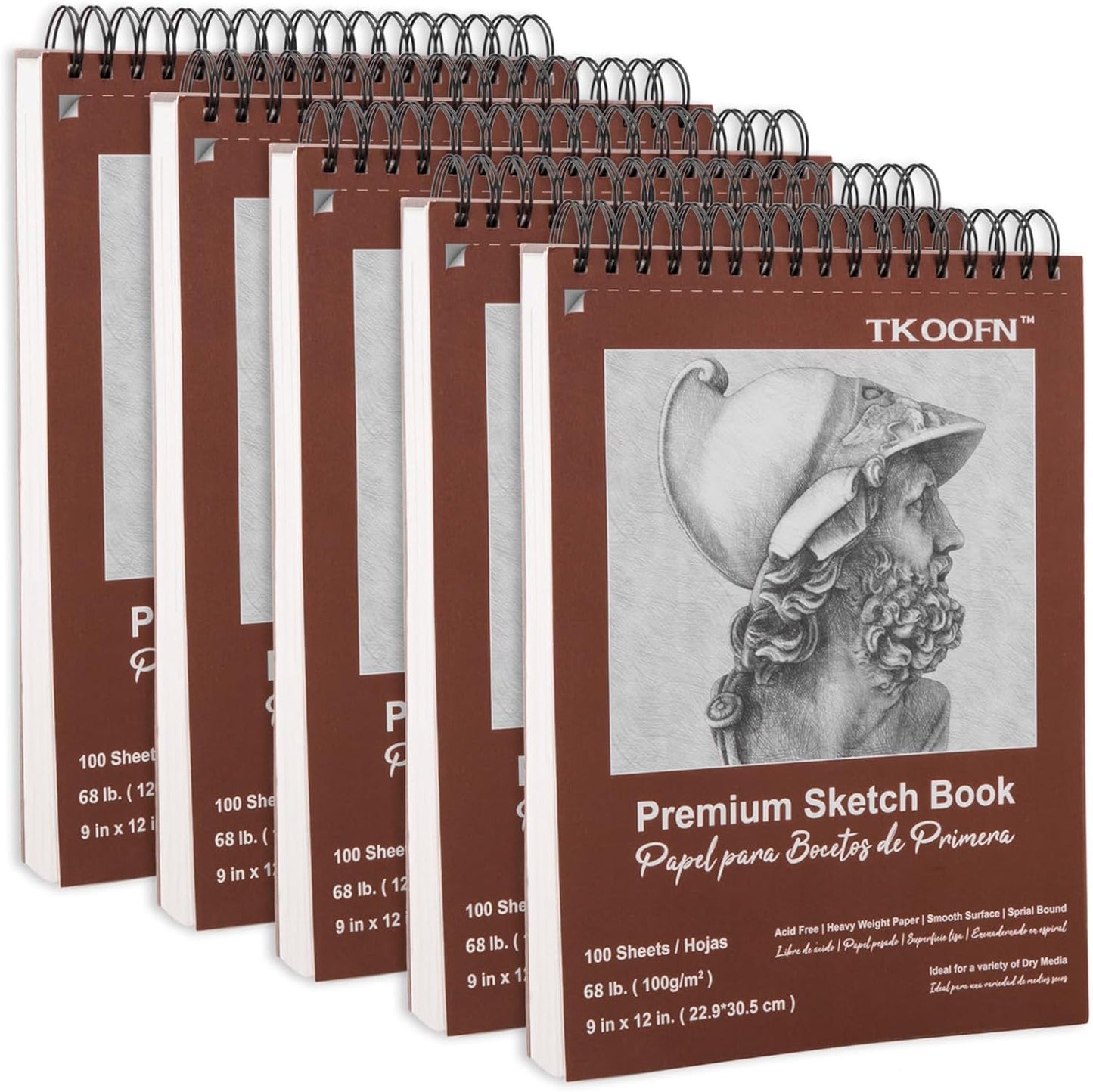 TKOOFN 9" x 12" Sketch Book, 5 Pack Top Spiral Bound Premium Sketchbook (68lb/100gsm), 500 Sheet Total Drawing Pads, Acid-Free Painting Paper for Adults Kids Artists Beginners