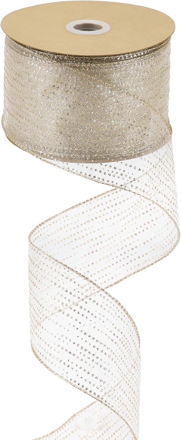 MEEDEE Champagne Gold Wired Ribbon - 2.5 Inch Horizontal Stripes Polka Dot Christmas Ribbon Organza Sheer Glitter - 25 Yards for Christmas Tree, Wreath Bow