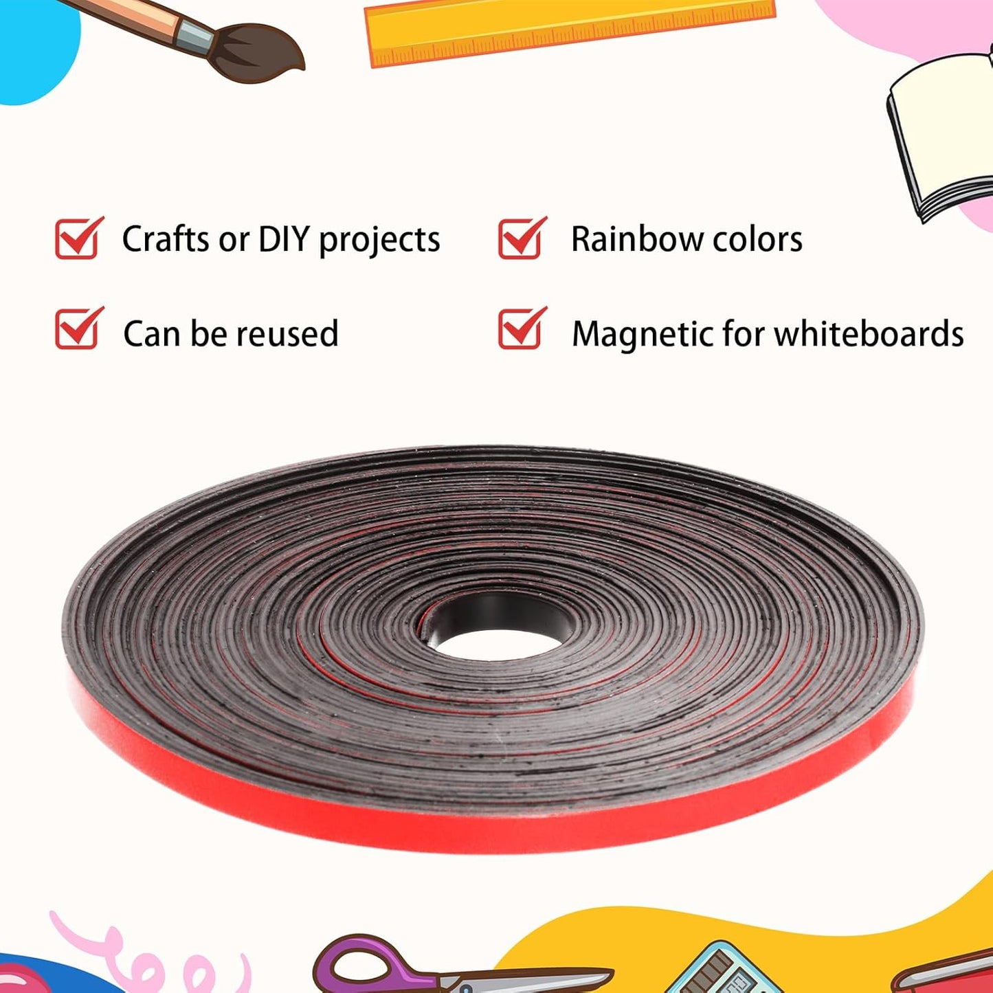 Magnetic Tape Roll Thin Strips, 0.39 Inch x 66 Feet Magnetic Board Dividers Whiteboard Graphic Decorative Tape Marking Line for Classroom Office Art Accessories(Red)