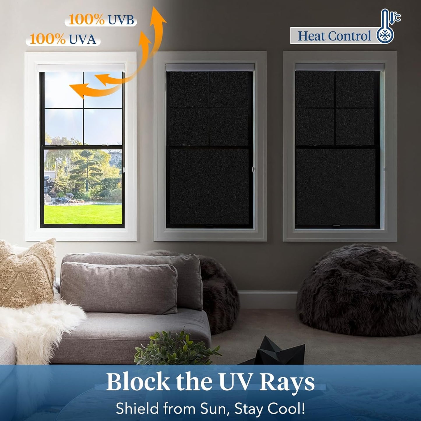 Haton Blackout Window Film, Frosted Privacy Cover for Glass, Sun Light Blocking Black Out Window Tint, Static Cling Room Darkening Heat Control Shades for Home Day and Night, Black 35.4" x 78.7"