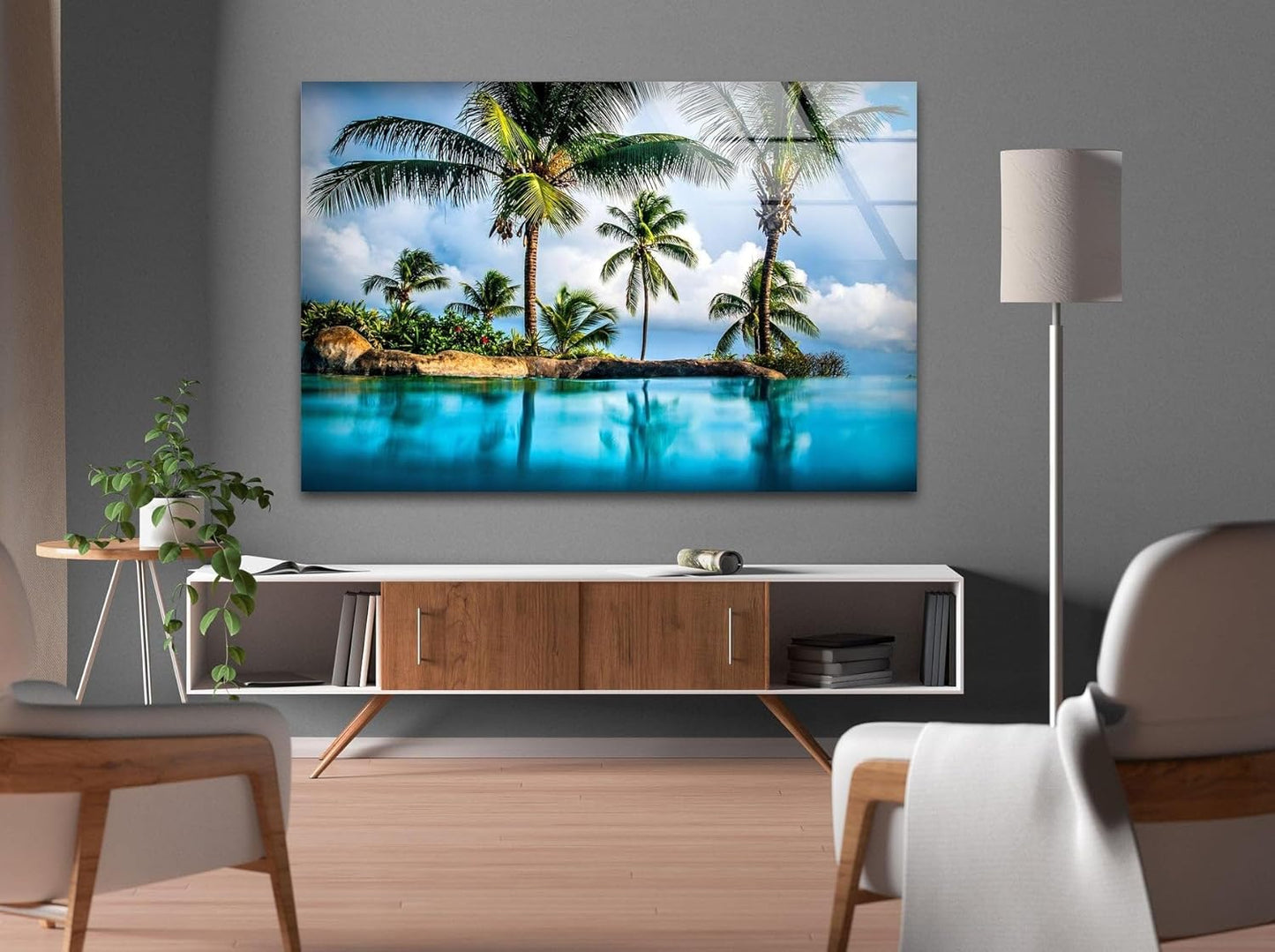 My Photostation.com 43Wx27H'' Island & Blue Sea Glass Wall ArtTempered Glass Printing Wall Decor Large Wall Art Wall Hangings