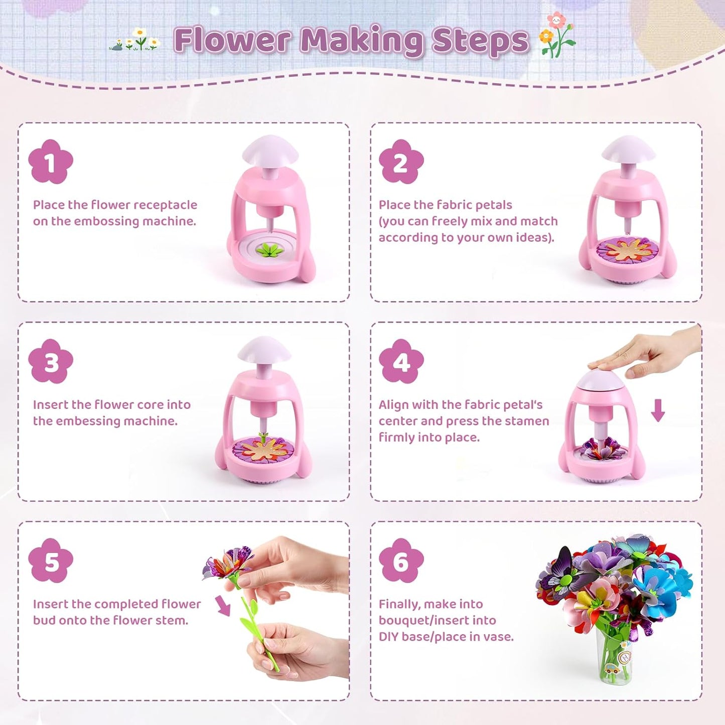 Bsgifts Fabric Flower Making Toys, DIY Flower Press Kits for Kids Ages 3-12, Creative Educational Activity Arts & Crafts Toys, Ideal Holiday Gifts for Preschool Kids, Pink