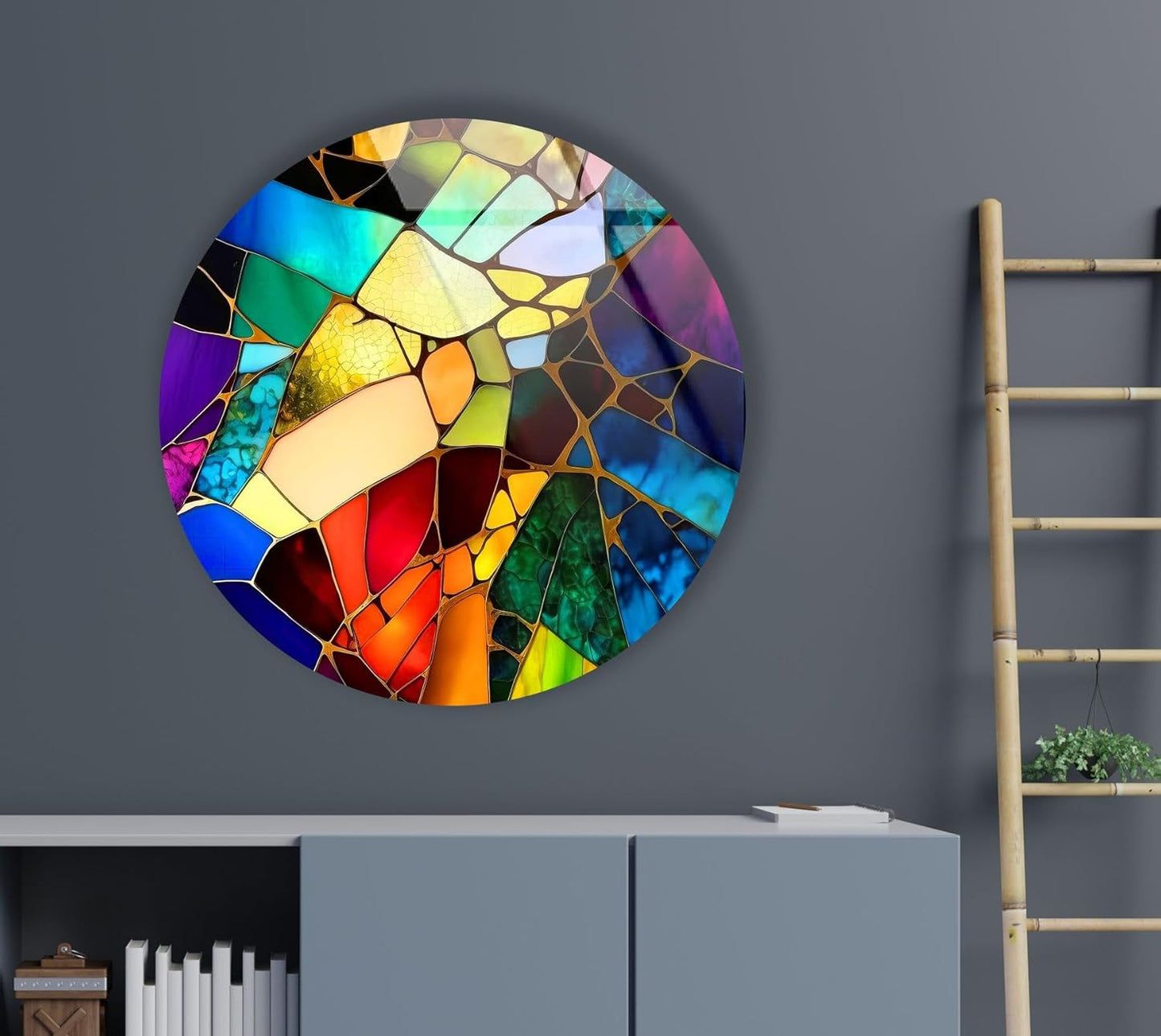 My Photostation.com 20''(50cm) Diameter Multicolor Round Stained Glass Wall Art Vibrant Mosaic Abstract Panel Tempered Glass Printing Wall Decor Large Wall Art Wall Hangings