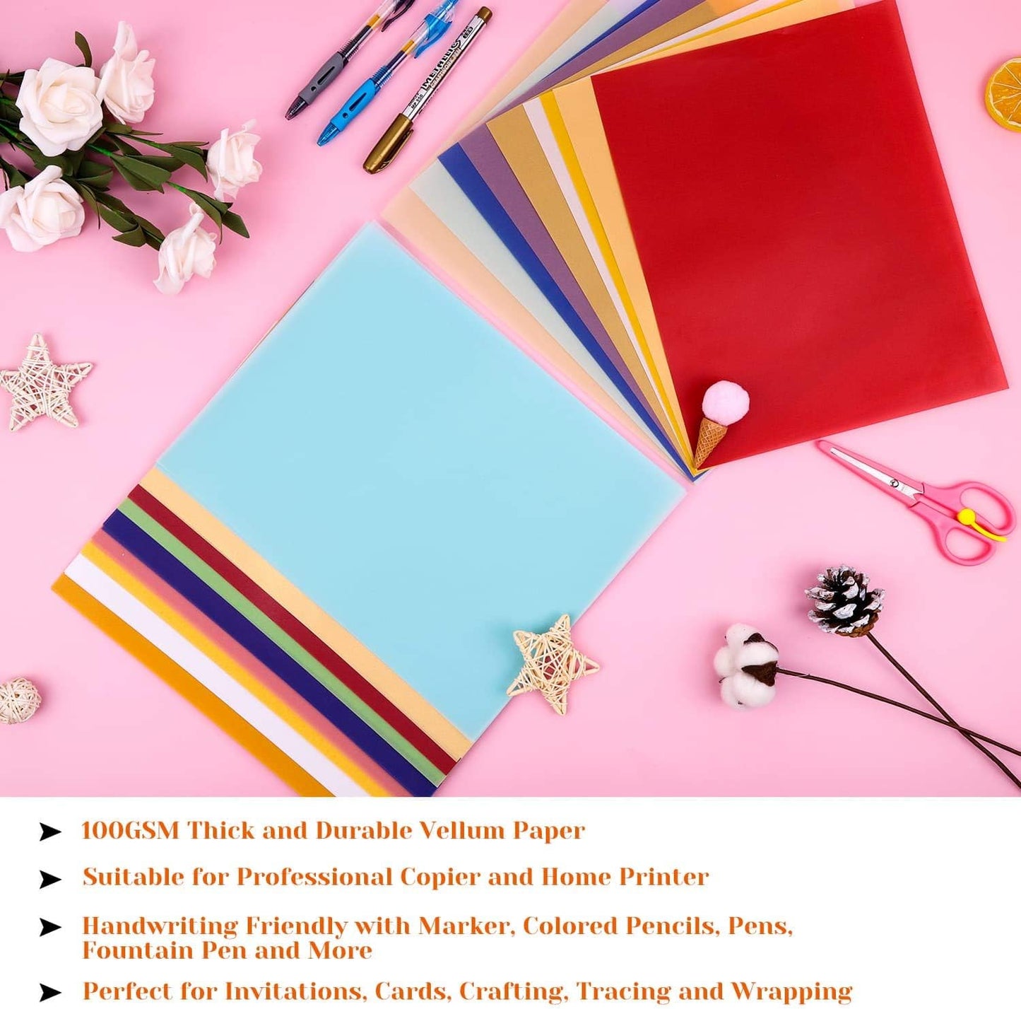 Colored Vellum Paper 8.5 x 11, Cridoz 9 Colors Transparent Clear Vellum Paper Translucent Tracing Paper Printable Vellum Drafting Sheets for Printing Drawing Ink Jet Laser Printer