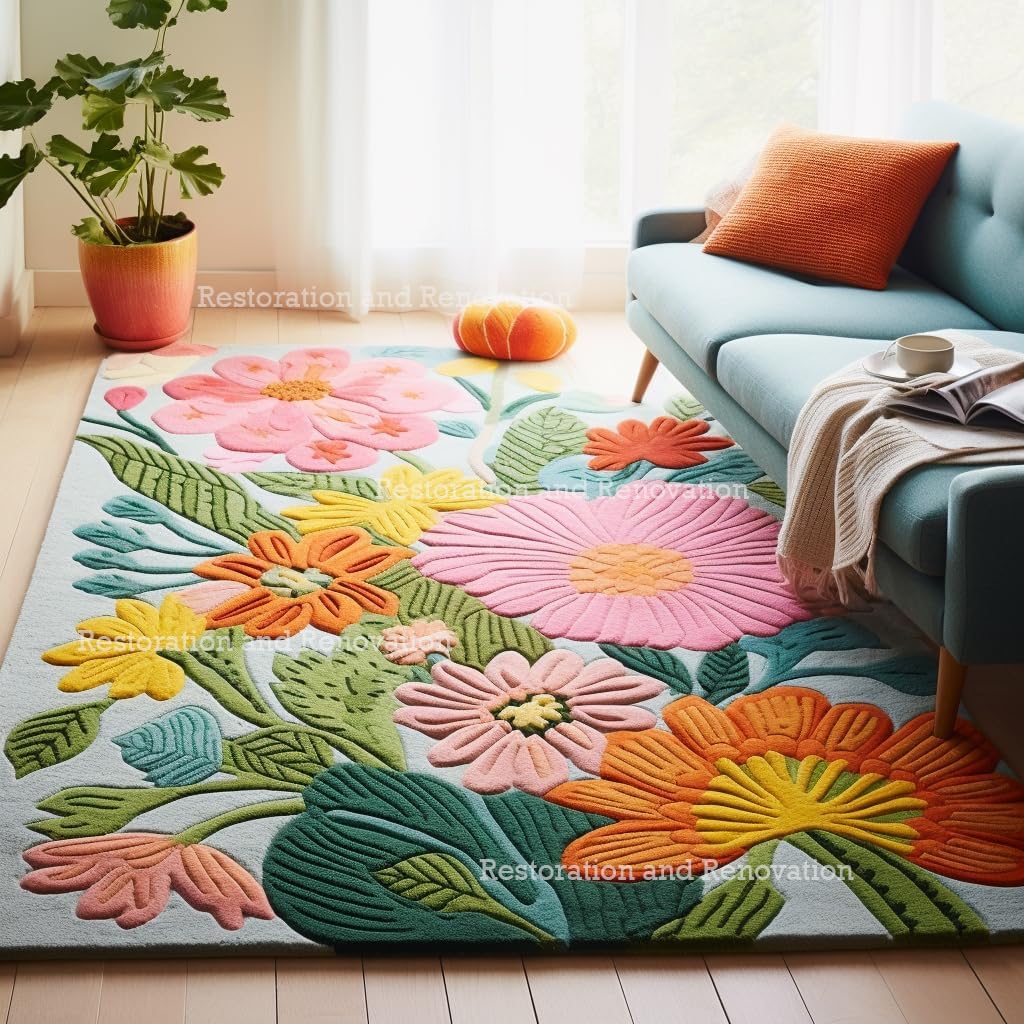 Handmade Wool Floral Area Rug for Living Room | Elegant Flower Garden Design, Soft, Thick and Durable | Bedroom, Dining Room & Home Decor Carpet (7' Round, Floral F)
