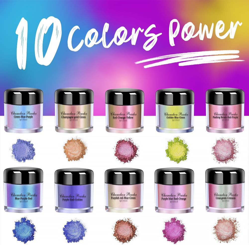 10 Colors Chameleon Mica Powder Color Shift Pigment Powder for Epoxy Resin Painting Soap Making Bath Bombs Candle Making Slime(0.1oz/jar)