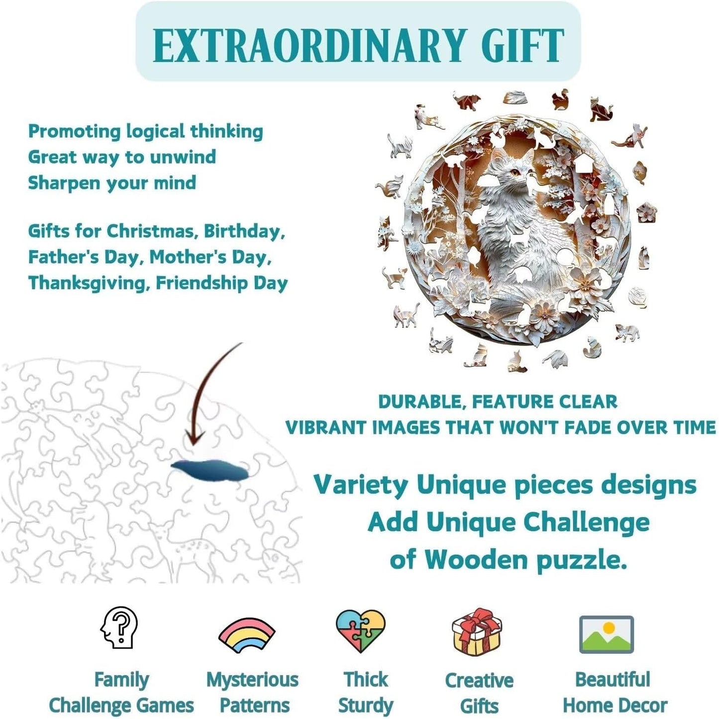 Wooden Puzzles Adults, 3D Cats Wooden Puzzles 100 Pieces, Unique Animal Shaped Wood Challenging Jigsaw Puzzles Gifts for Adults, 8.5x8.5in