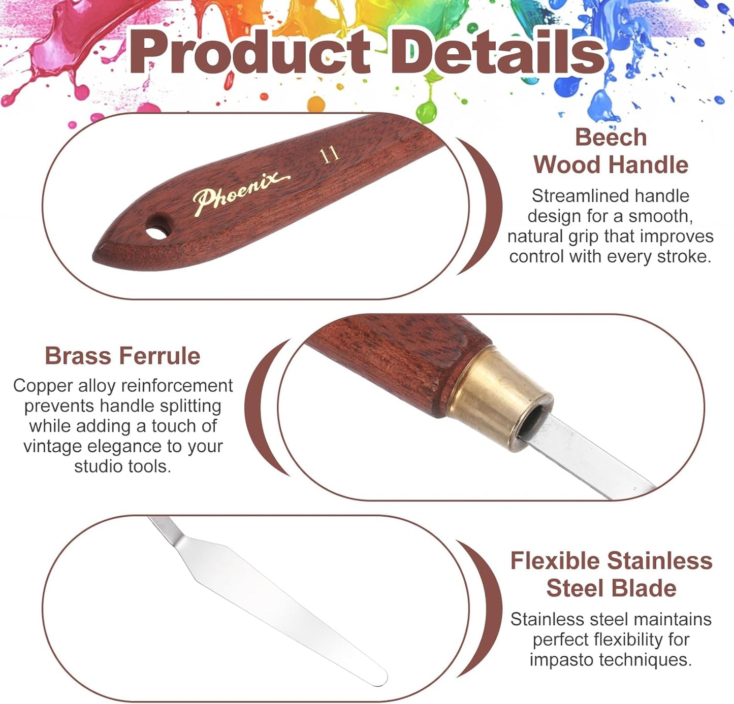 MECCANIXITY Pack of 1 Palette Knife No.11, 8.5" Long Palette Knives with Stainless Steel Flexible Spatula Pallet Knife and Wood Handle for Scraping, Mixing, Oil Acrylic Painting Canvas