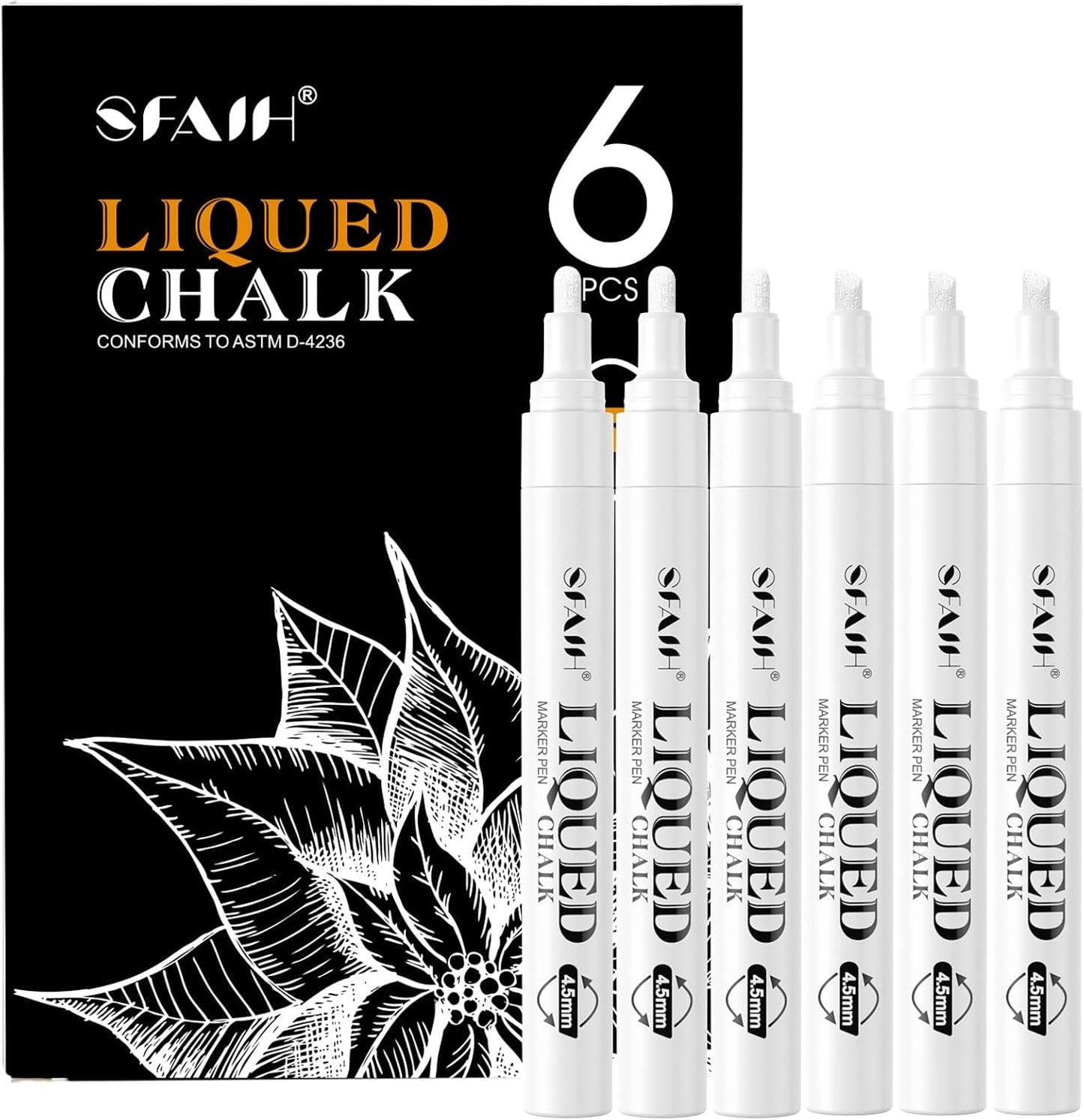 SFAIH 6 White Chalk Markers for Blackboard - [1s Wet Wipe] - No Residue, Liquid Chalk Markers for Blackboard Menu, Bistro, Signs, Windows, Glass, Food Labels, 6mm Reversible Tips, Dust-Free, Non Toxic