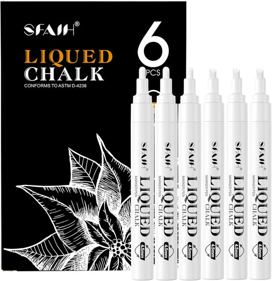 SFAIH 6 White Chalk Markers for Blackboard - [1s Wet Wipe] - No Residue, Liquid Chalk Markers for Blackboard Menu, Bistro, Signs, Windows, Glass, Food Labels, 6mm Reversible Tips, Dust-Free, Non Toxic