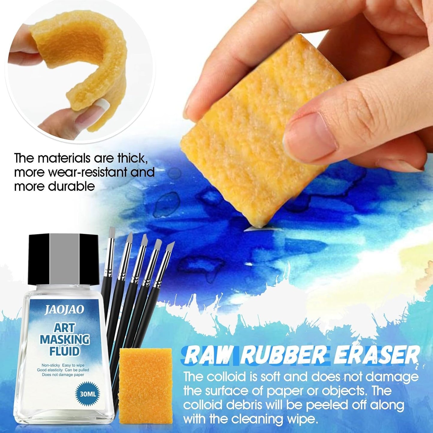 JAOJAO Watercolor Masking Fluid, Liquid Masking for Painting Watercolor Accessories with Silicone Pen Cleaning Brush Retouching and Covering for Painting and Various Art Projects Supplies,White 30ml