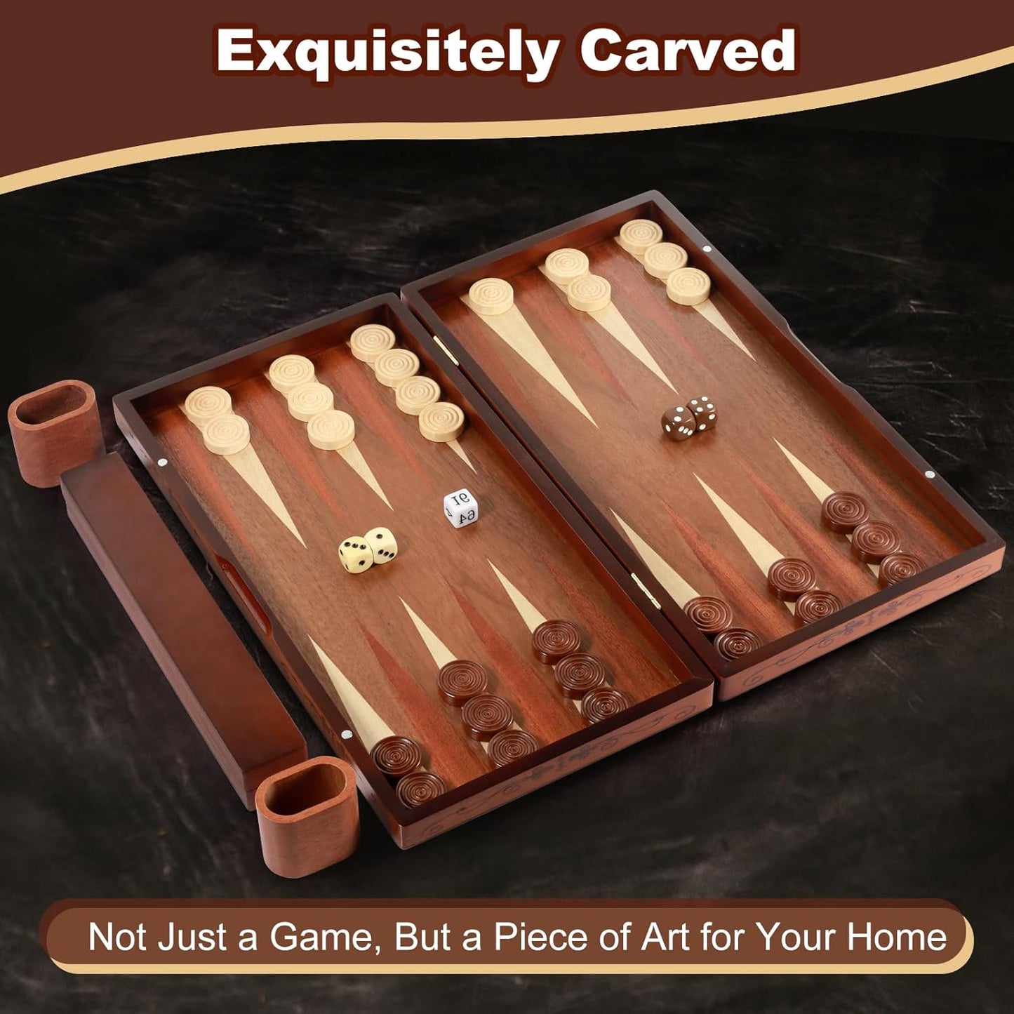 Handcrafted Wooden Backgammon Set - 16x15.3inch, Oversized Pieces, Intricate Carvings, Premium Travel Game Board for Adults & Kids (Star)