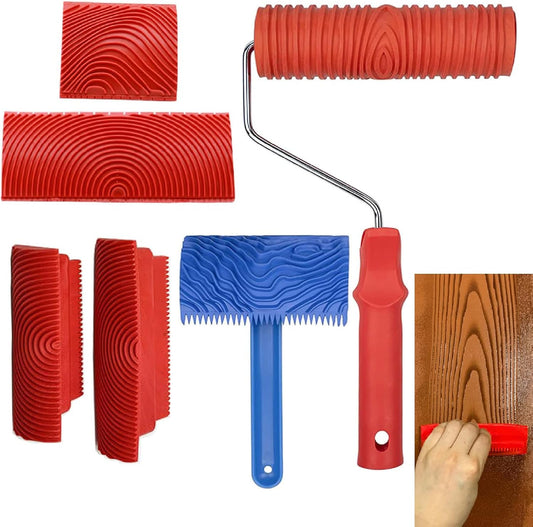 Wood Grain Tool, 6pcs 7" Fake Wood Grain Roller Painting Tool with Handle DIY Rubber Wood Grain Painting Tool Look Like Wood for Wall Room Art Paint Decoration