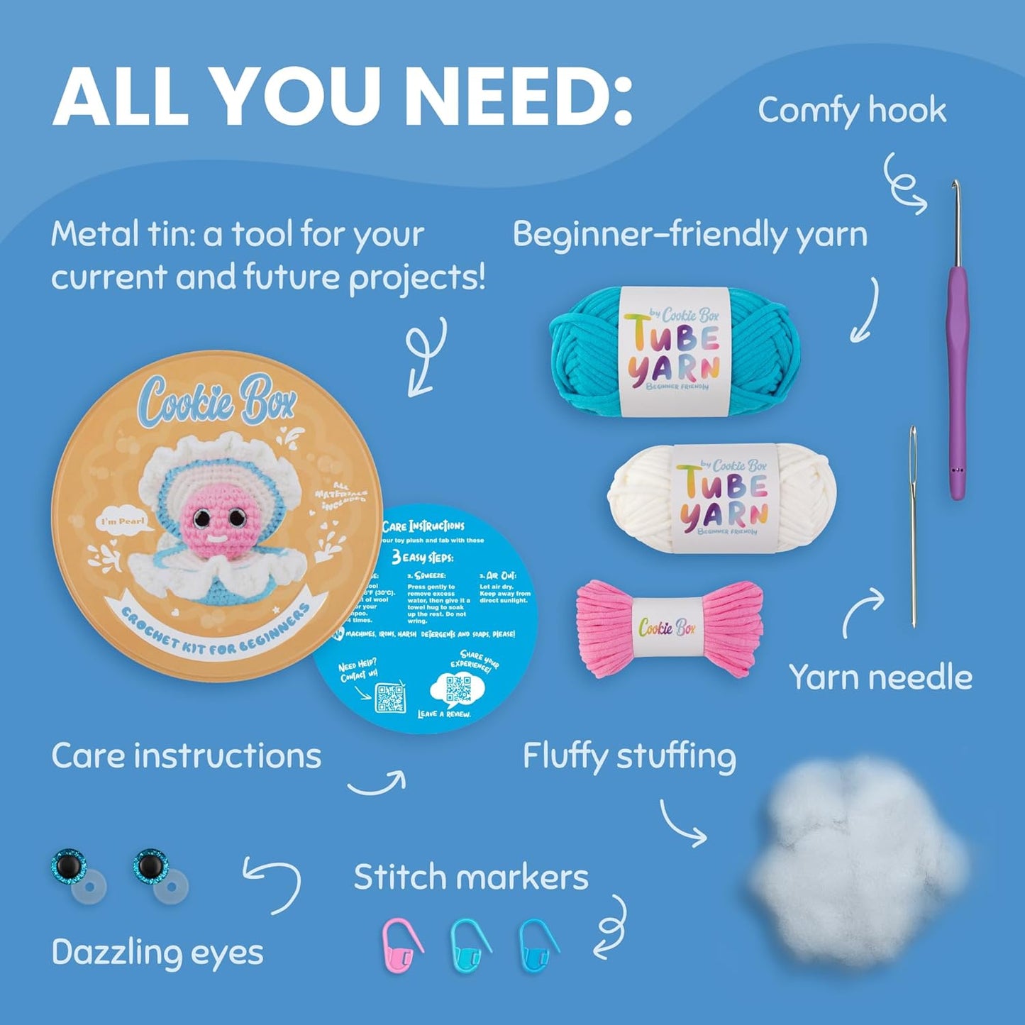 Cookie Box Crochet Kit for Beginners – Gift Set to Make Oyster Pear Amigurumi Plushie – Easy DIY Crochet & Knitting Starter Kit with Video and PDF Tutorials