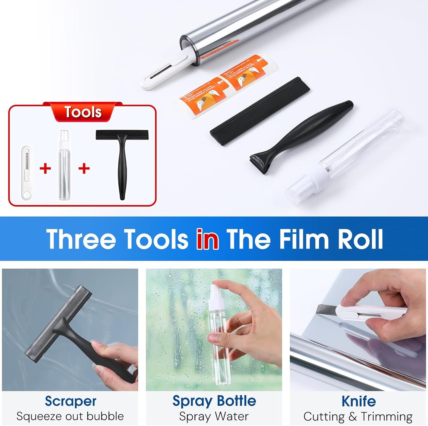 Homein One Way Privacy Window Film with Tool Window Tint for Home Film See Out Not in Heat Control Sun Blocking Mirror Reflective Anti UV Covering Static Cling No Glue Sliver 35.4 x 78.7 inch