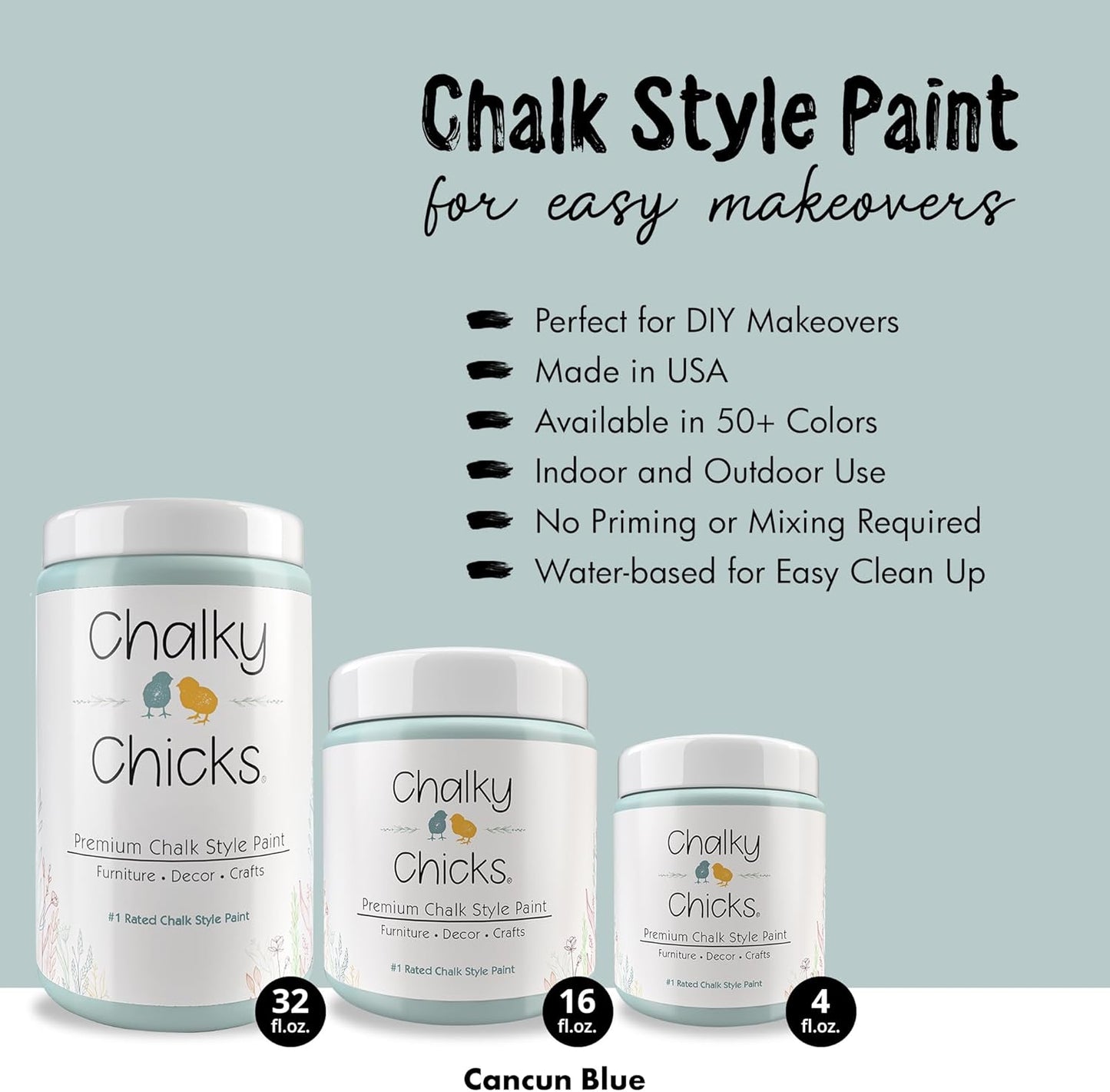 Chalky Chicks All-in-One Chalk Paint for Furniture or Cabinet - 32Fl Oz -Matte Finish Cancun Blue (Light Blue) for Metal, Wood Furniture Paint - No Sanding All-in-One for Home Decor & Crafts, USA Made