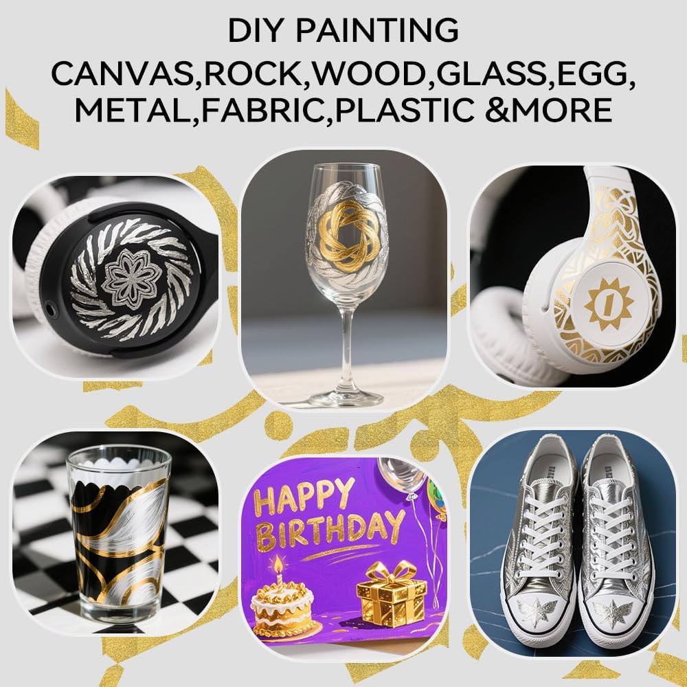 TRANSON 2 Gold, 2 Silver, 2 Black and 2 White Paint Markers Brush and Fine Dual-tip Acrylic Paint Marker Set for Rock Painting Glass Canvas Wood Leather Ceramic Painting