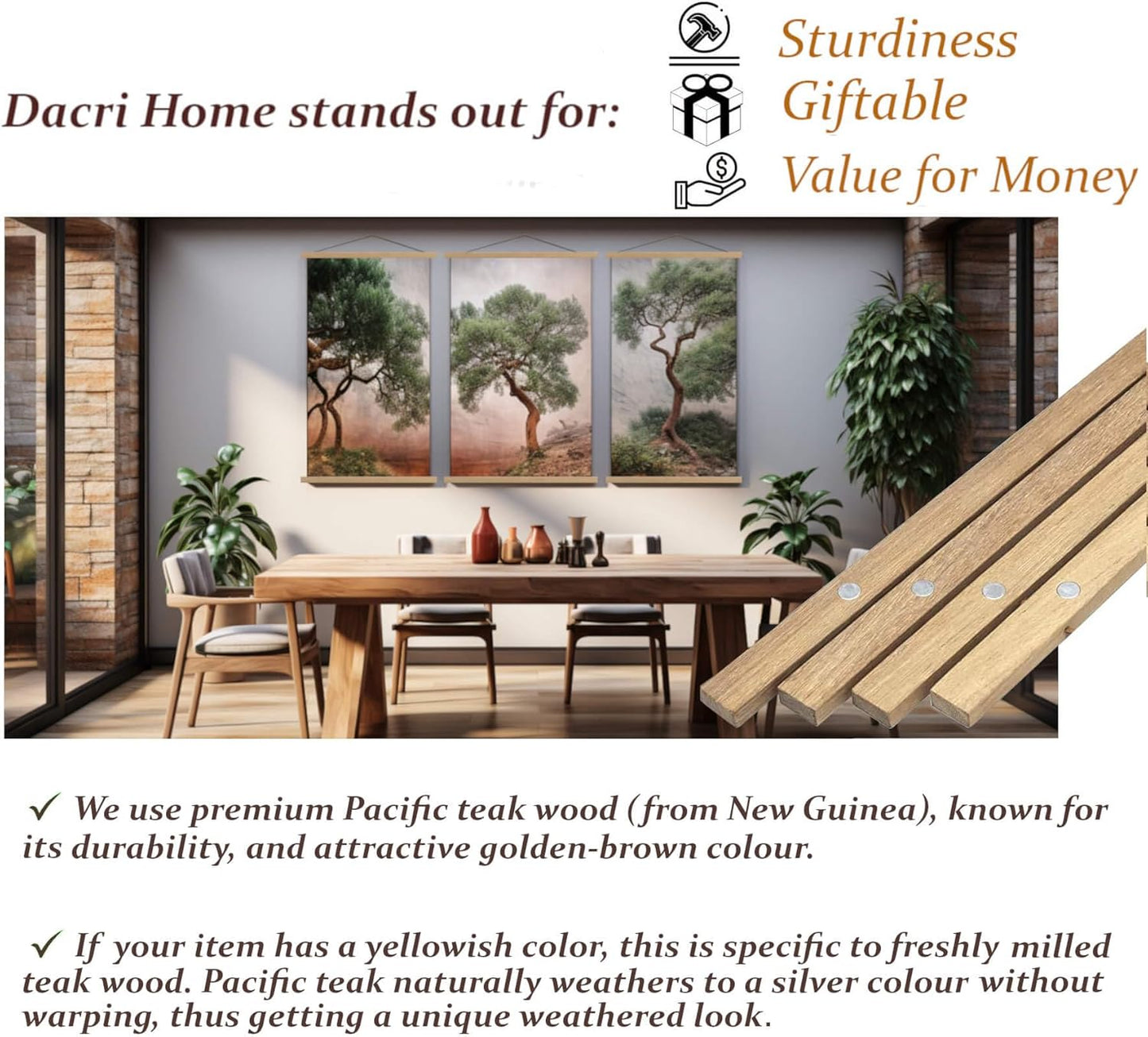 DACRI HOME 52" Magnetic Poster Hanger Frame - Sturdy Teak Wood Poster Frame 52x20 52x32 52x36, Strong Magnets for Easy Hanging Map Picture Canvas Print Scroll Wall Art (52 Inch, Natural Wood)