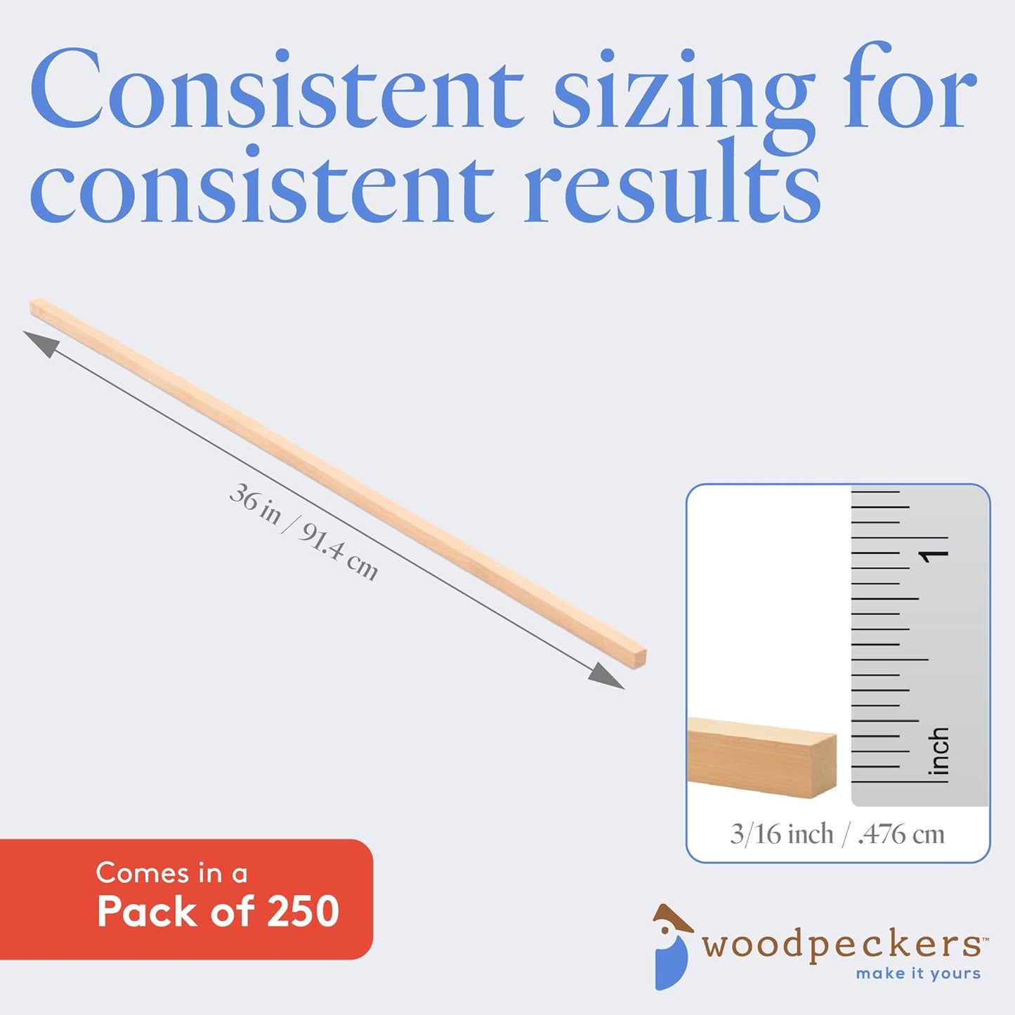 Wood Square Dowel Rods 3/16-inch x 36 Pack of 250 Wooden Craft Sticks for Crafts and Woodworking by Woodpeckers