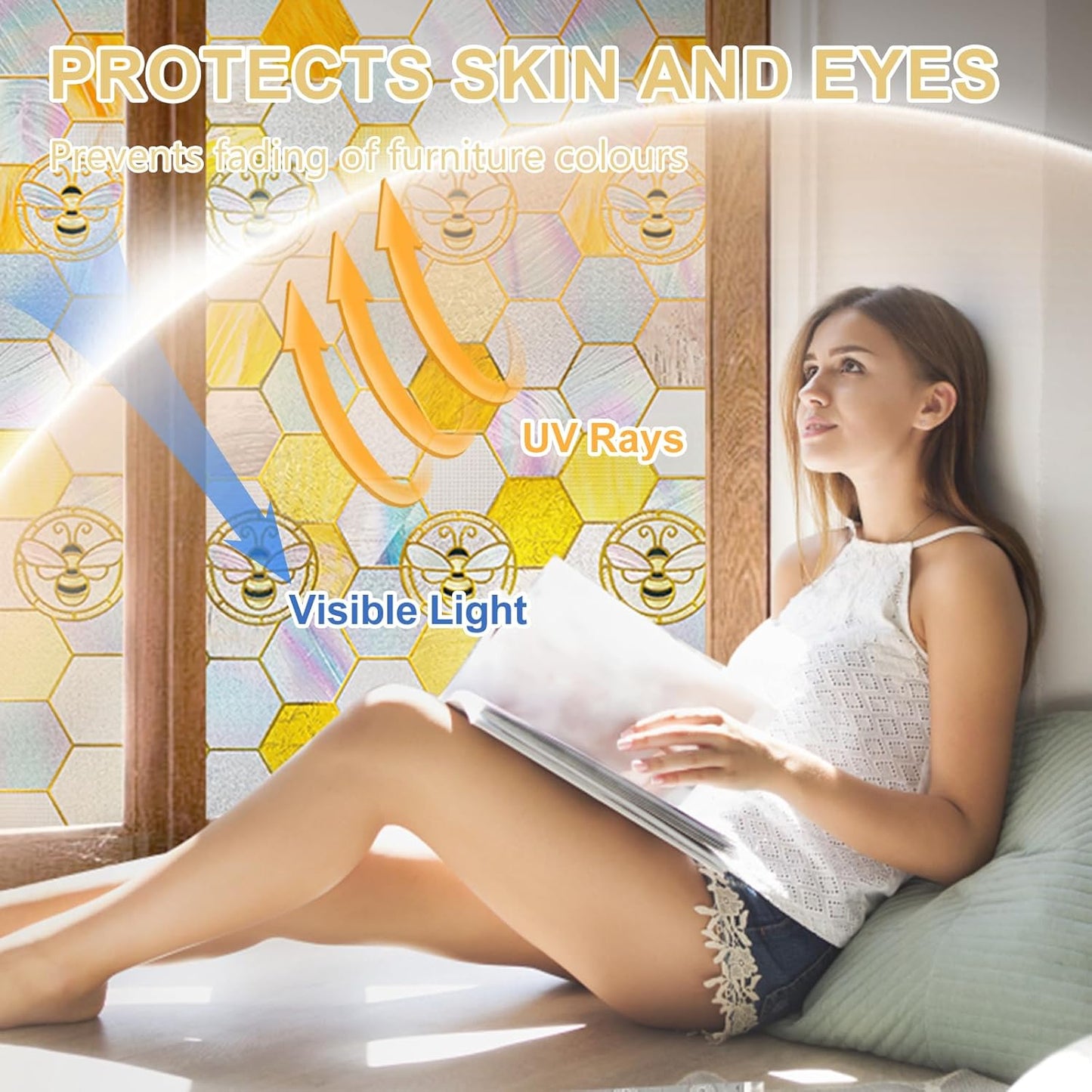 3D Stained Glass Window Privacy Film, Heat Control UV Blocking Static Cling Decorative Window Film for Bathroom,Front Door,Home Non Adhesive,35.4 x 78.7 inches Honey