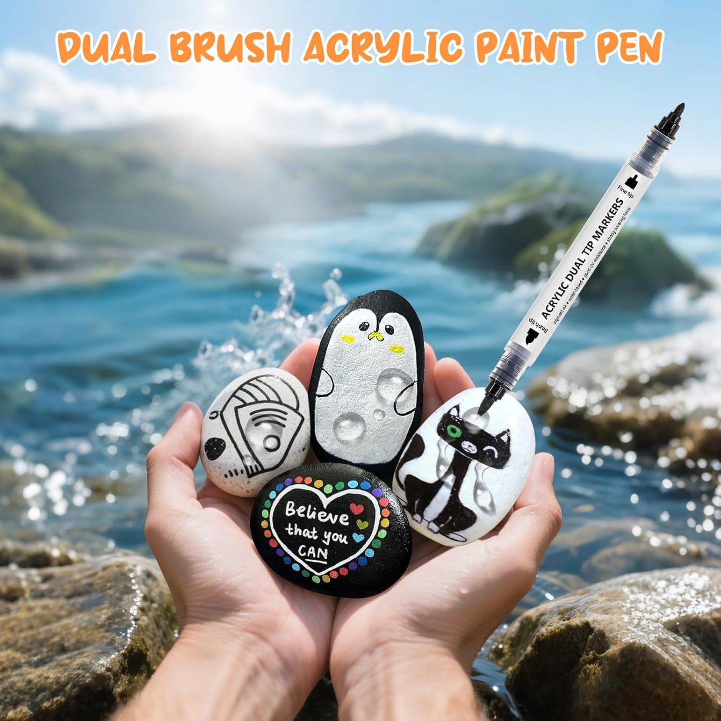 Black White Acrylic Paint Pen Brush, 6PCS Dual Tip Automatic Ink-control Acrylic Markers for Rocks, Metal, Glass, Wood, Fabric, Porcelain, Ceramic