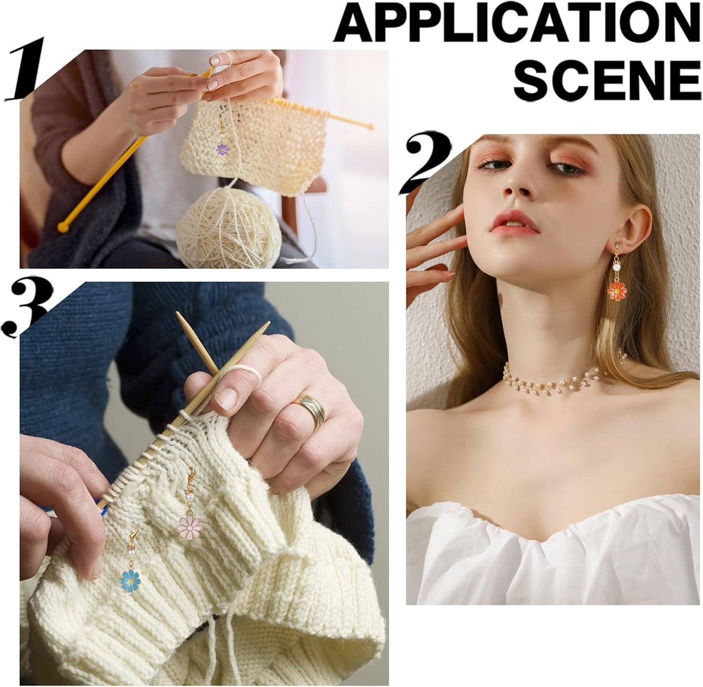 SUNNYCLUE 1 Box 30Pcs Stitch Markers Crochet Stitch Marker Daisy Flower Charms Pearl Beads Zipper Pull Clip On Removable Lobster Claw Clasp Charm Locking Knitting Markers for Weaving Sewing Quilting