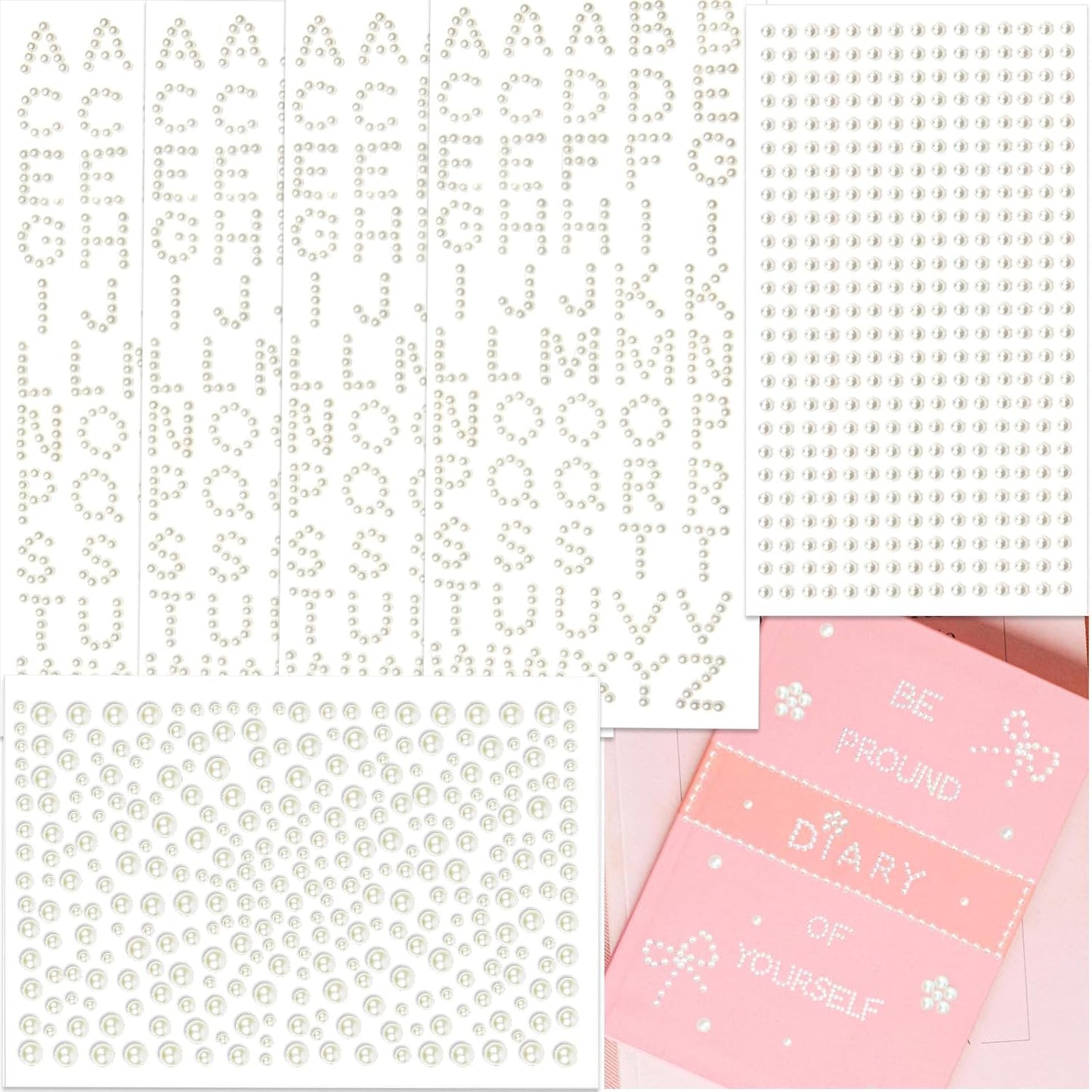 570 Pcs Pearl Stickers Craft Pearls, Self Adhesive Small Alphabet Letter Stickers for Grad Caps, Crafts, Stick On Pearls for Scrapbook, Crafting, Hair Face Makeup