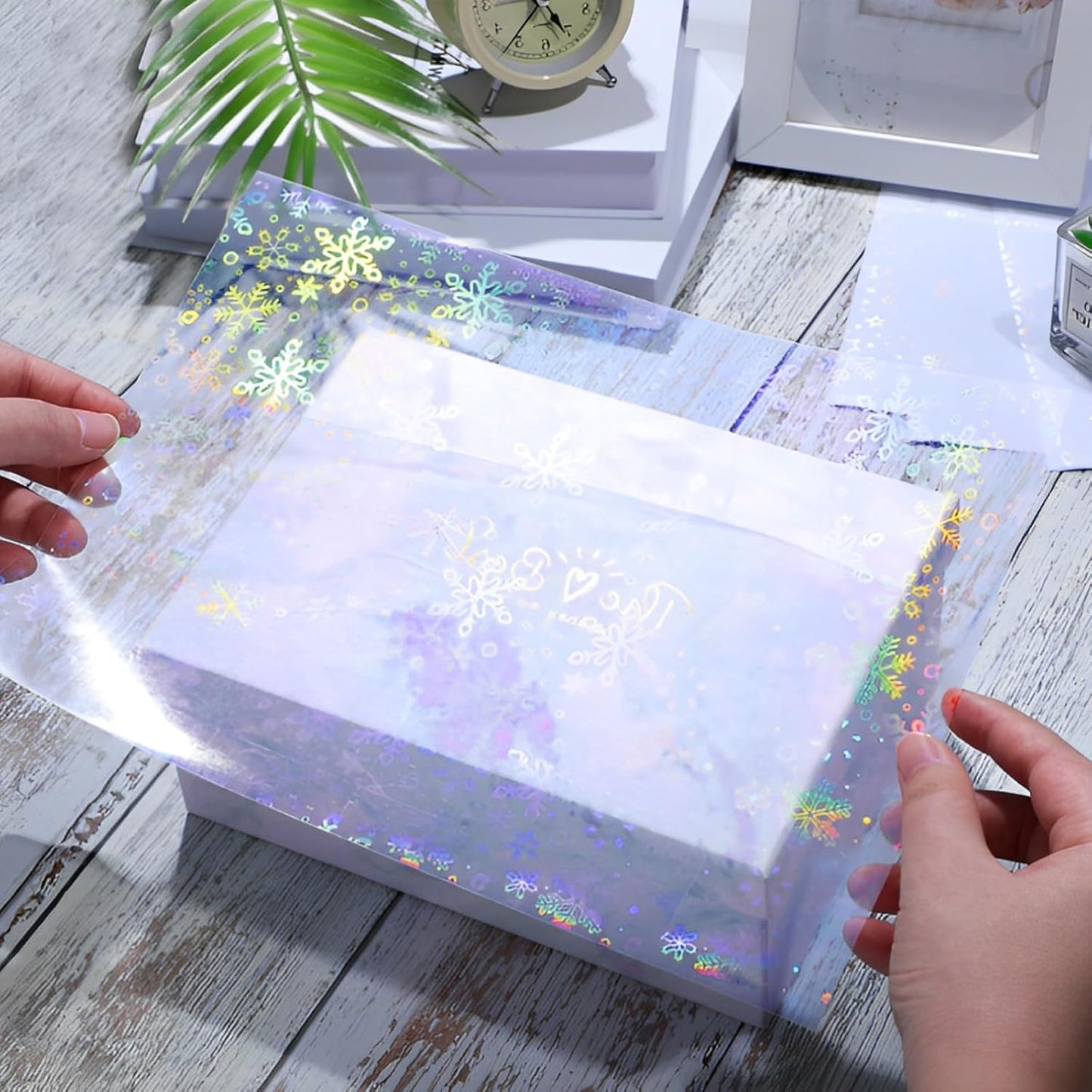 STARVAST 90 Sheets Holographic Sticker Paper, Transparent Holographic Vinyl Laminate Sheets, Self Adhesive A4 Size Printable Holographic Paper with Gem Rainbow Spot Star Patterns
