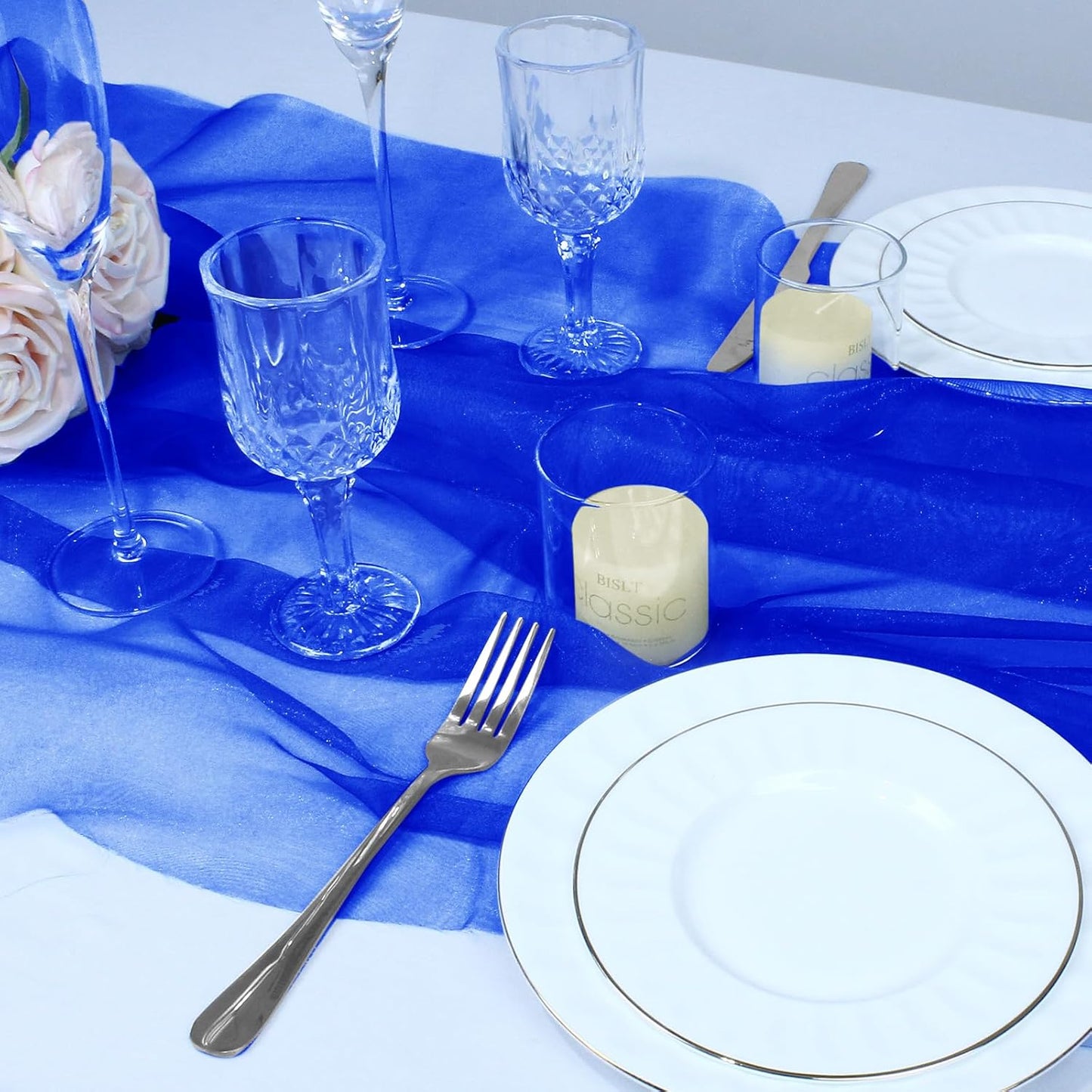 VACVELT Sheer Organza Fabric by The Yard, 60 Inch Wide Royal Blue Organza Fabric Bolt Bridal Sheer Tulle Fabric, Silk Organza Fabric Roll for Wedding Party Decorations Backdrop Curtain (1 Yard)