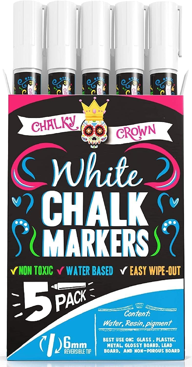 CHALKY CROWN Liquid Chalk Marker Pen - White Drawing Chalk - Chalkboard Markers for Chalkboard Signs, Windows, Blackboard, Glass - 6mm Reversible Tip (5 Pack)
