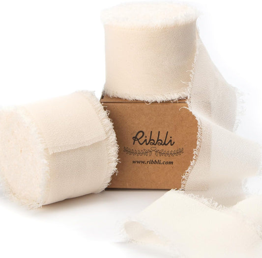 Ribbli Cream Chiffon Ribbon 1-1/2 inch x 20 Yard Handmade Fringe, Chiffon Silk Vanilla Cream Ribbon for Wedding Invitations, Bridal Bouquets, Flower Arrangement Decoration
