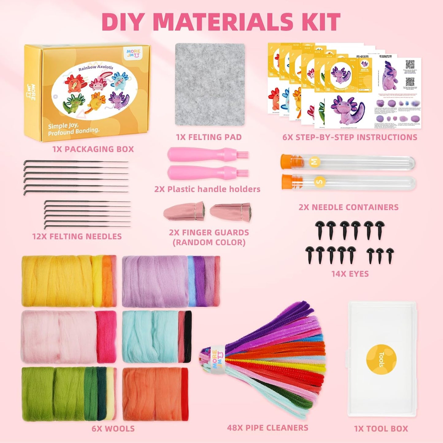 MOREJMTT Needle Felting Kit, 6 PCS Animal Needle Felting Beginner Kits, Wool Felt Needle Felting Tools Foam Pad, Craft Party Supplies for Beginners Adult(6pack Axolotl)