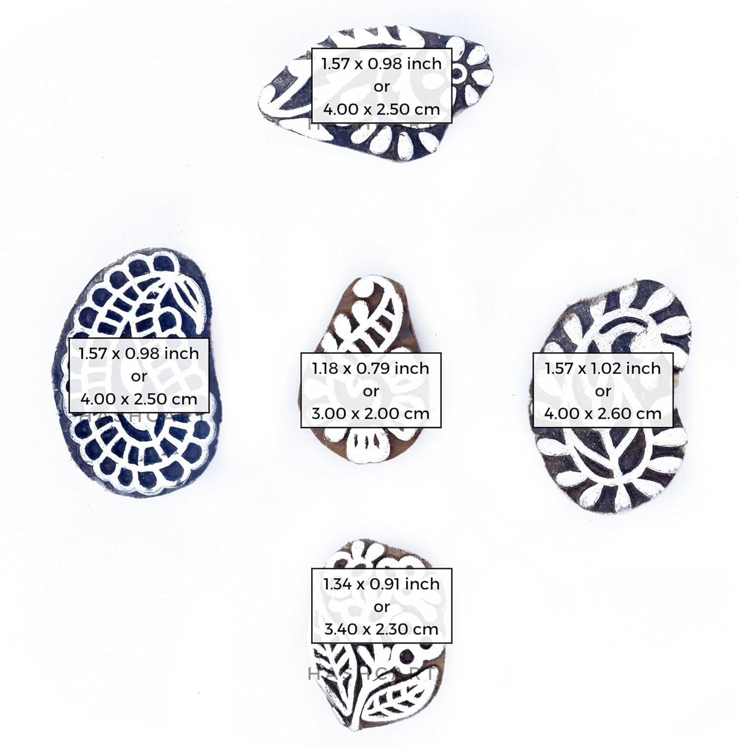 HASHCART® Paisley Shapes Wooden Printing Stamps for Block Print, Handcarved Indian Textile Printing Blocks for Tattoo Saree Border Scrapbooking Kids Paper Clay, Pottery Stamps [ Set of 5 ]