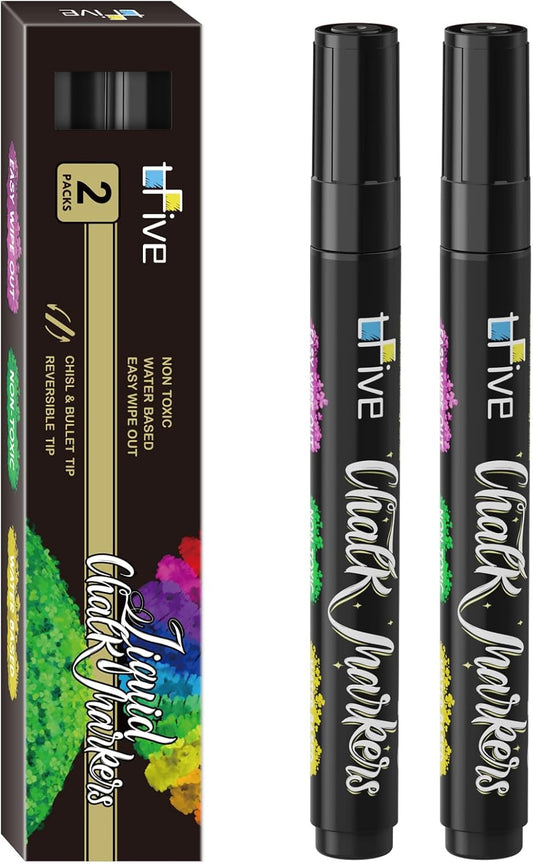 TFIVE Black Liquid Chalk Markers - 2 Pack Bright Colors Erasable Chalk Marker Pens, Reversible Tip, Non-Toxic, for Chalkboards, Signs, Glass, Easy to use Chalk markers TF800
