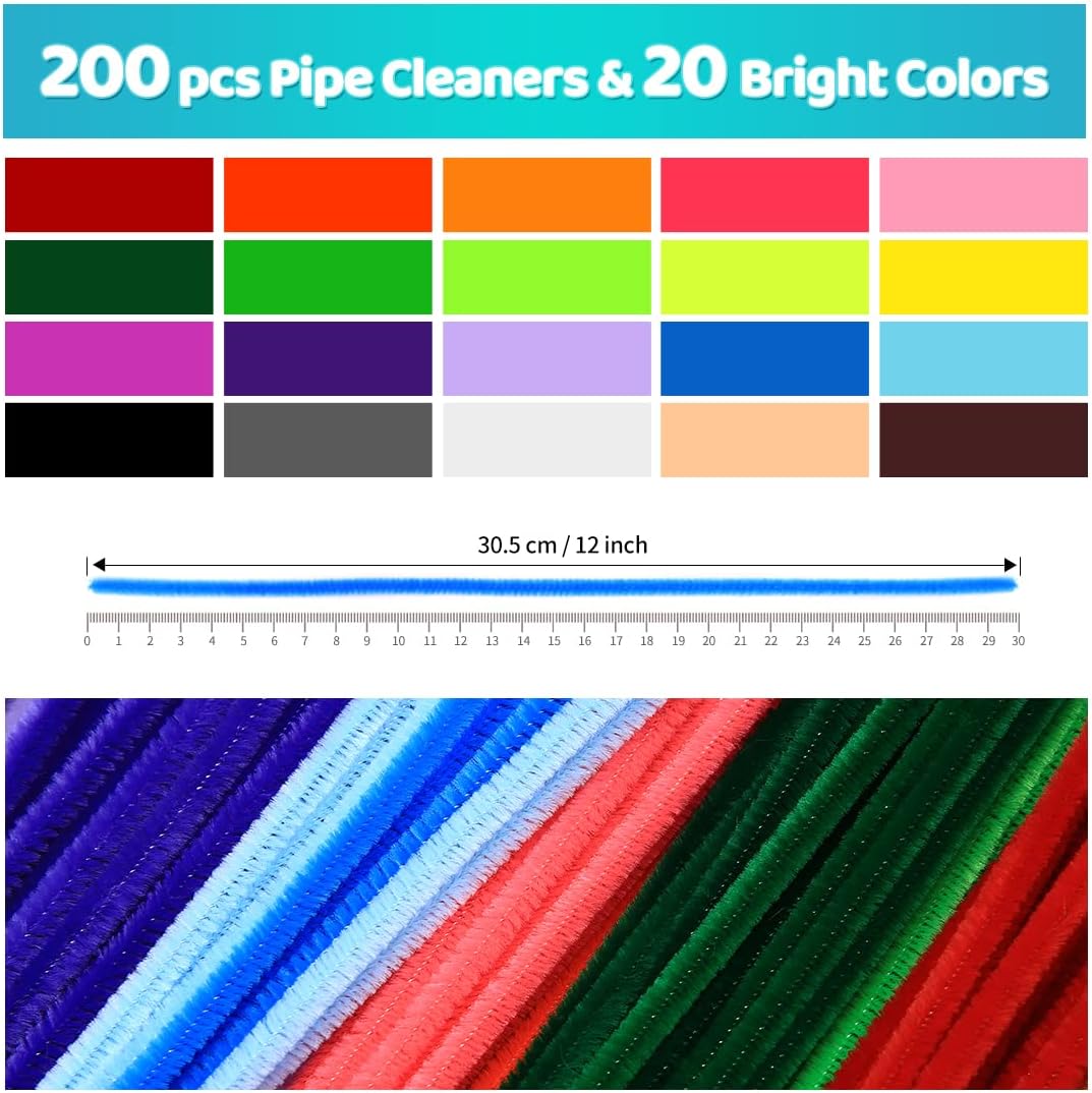 200pcs 20colors, Pipe Cleaners, Chenille Stems, Pipe Cleaners for Crafts, Pipe Cleaner Crafts, Art and Craft Supplies