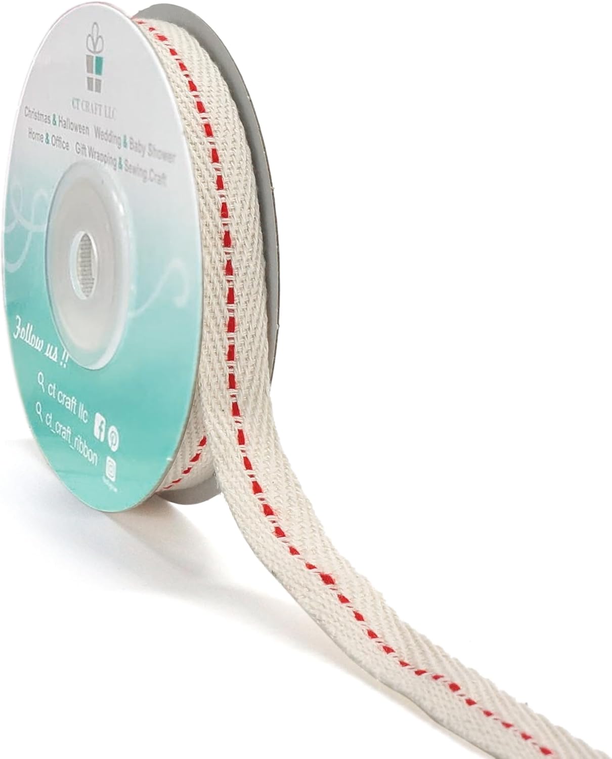 CT CRAFT LLC Ivory Cotton Red Stitched Ribbon 3/8" x 10 Yards for Home Décor Gift Present Wrapping DIY Crafts Birthday Wedding Bouquet Christmas