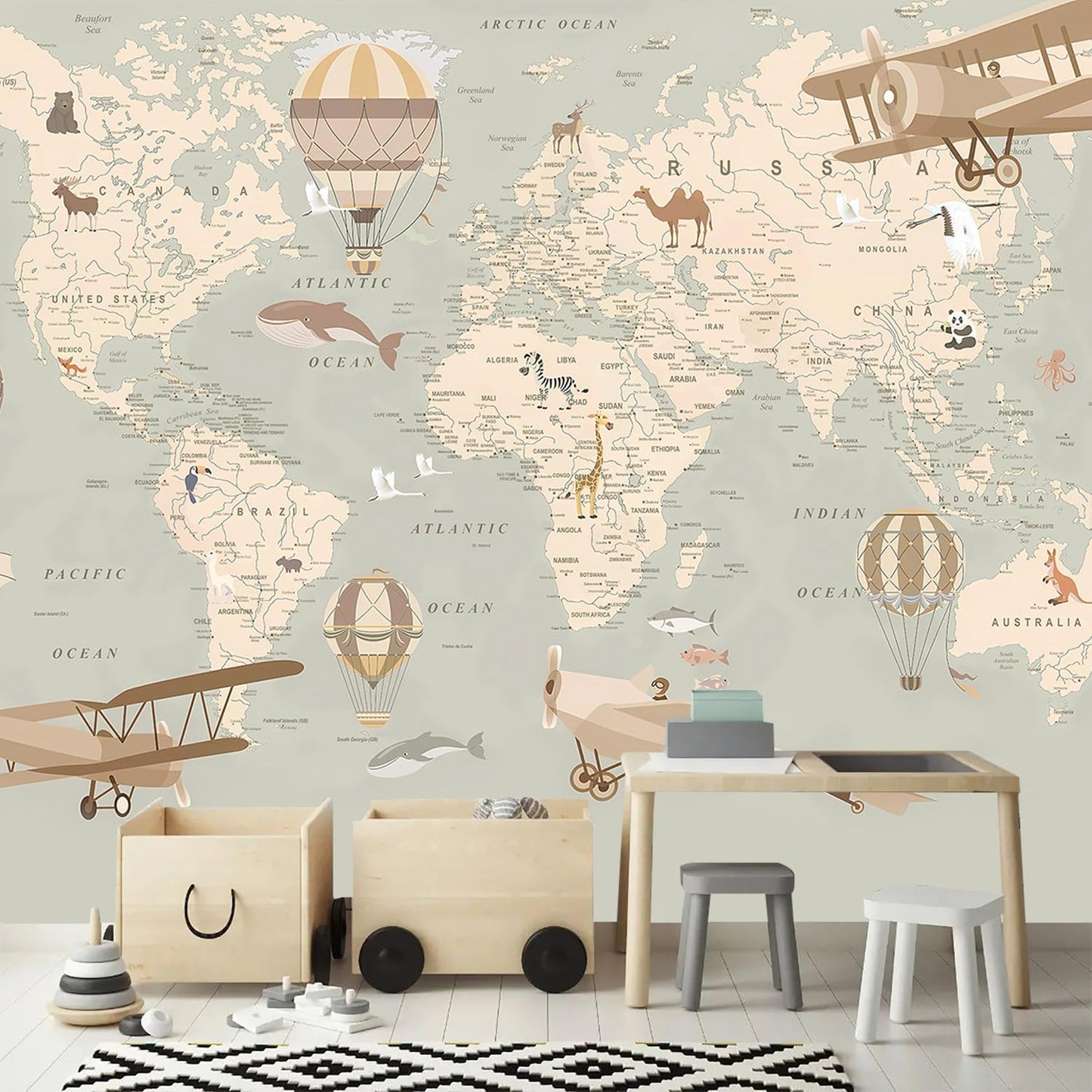 AFZEVEB-Vintage Animal Wallpaper Cartoon Aircraft Map Wall murals for Kids Room 159"x107"(Not Peel and Stick)