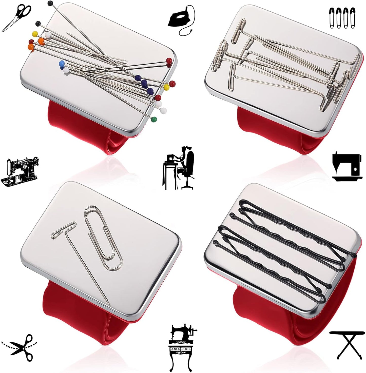 Magnetic Wrist Sewing Pincushion with 100 Pieces 1.5 Inch Ball Head Sewing Pins Set Wrist Magnetic Pin Holder Gift Supplies(Red)