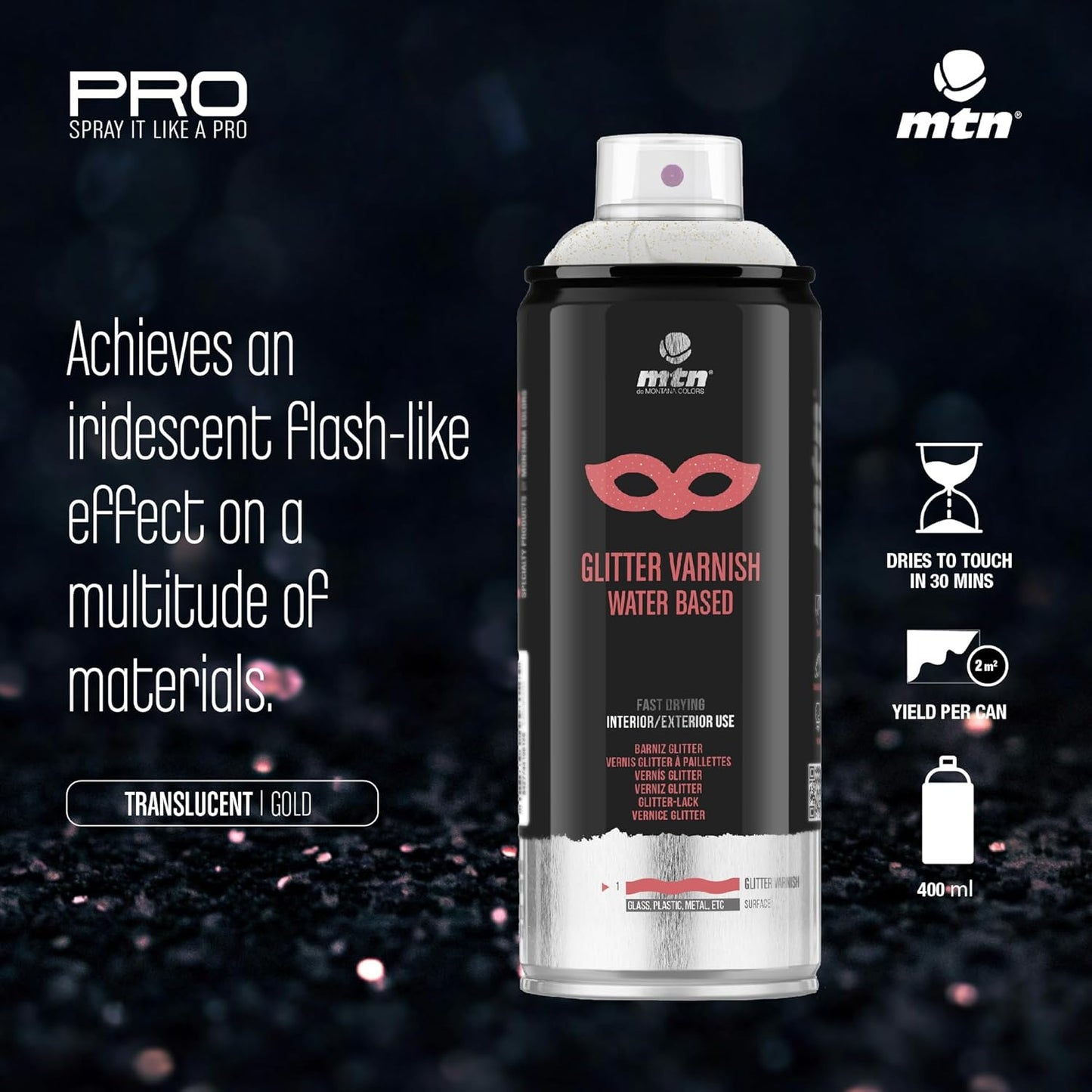 Montana Colors MTN Pro Glitter Varnish Spray Paint - Water-Based Acrylic with Iridescent Sparkle for Crafts, Arts & Decorating on Multitude Surfaces - Ideal for Indoor/Outdoor Use - 400ml, Gold