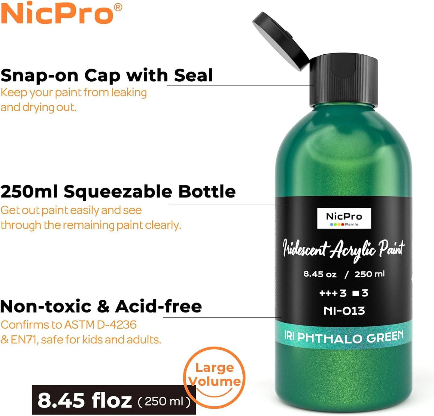 Nicpro Iridescent Green Acrylic Paint, 8.45oz / 250ml Large Bottle Green Metallic Acrylic Paint, Color Shifting & Non-Toxic Art Painting Supplies For Craft Canvas Fabric Rock Wood Ceramic Metal