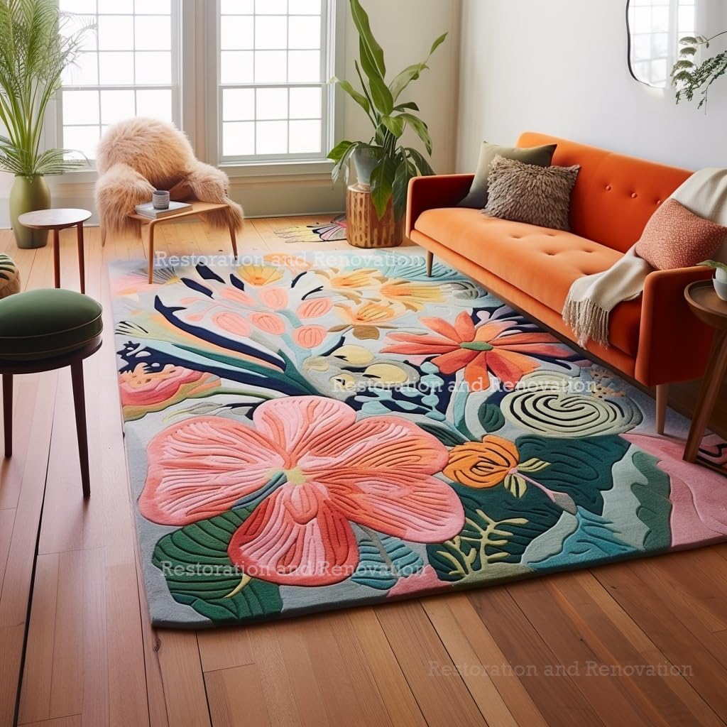 Handmade Wool Floral Area Rug for Living Room | Elegant Flower Garden Design, Soft, Thick and Durable | Bedroom, Dining Room & Home Decor Carpet (6' x 9', Floral D)